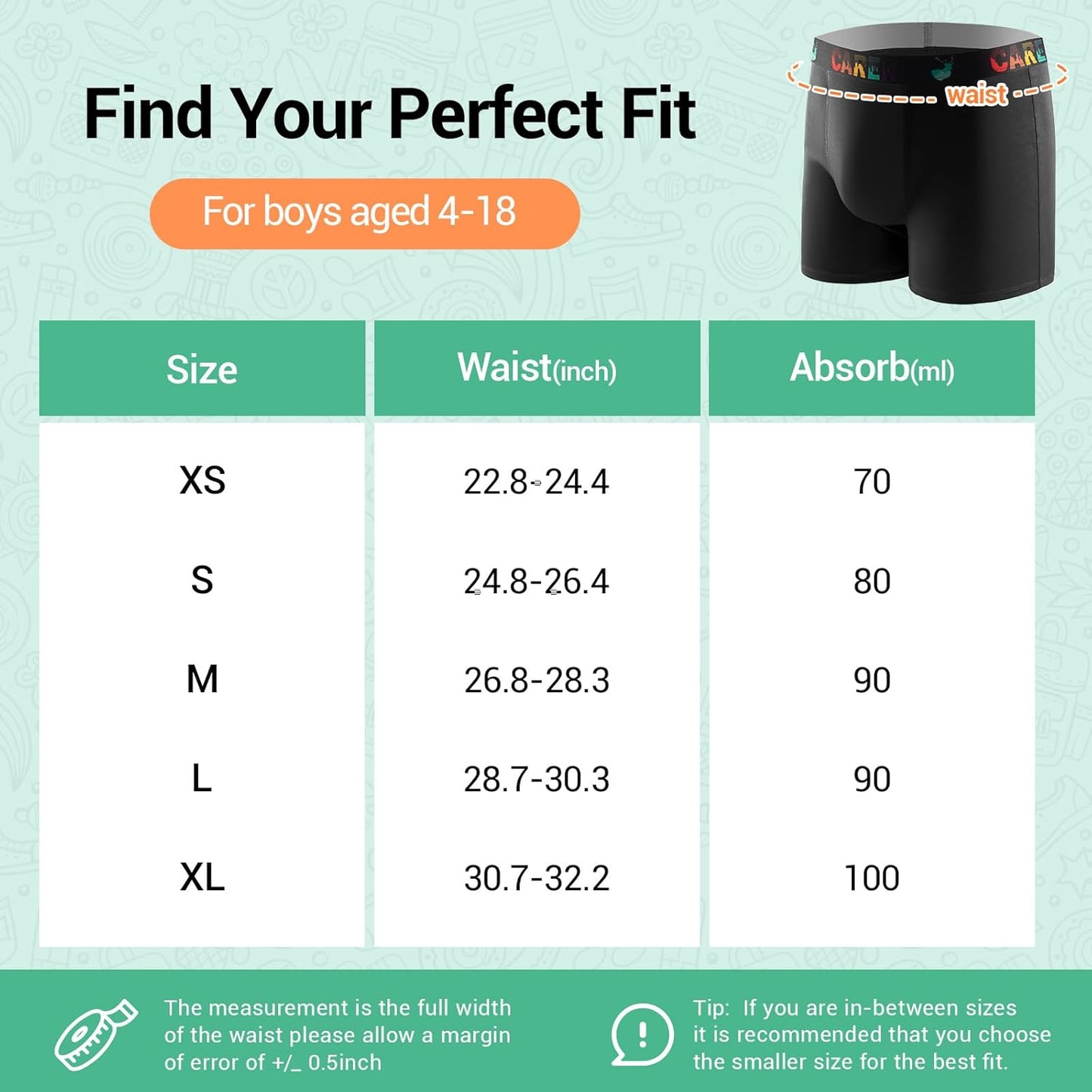 Carer Boys Incontinence Underwear Washable Kids Cotton Incontinence Boxer Briefs with Front Absorbency 100ml Reusable Leak Proof Underwear for Youth Boy Age 4-18 3pk