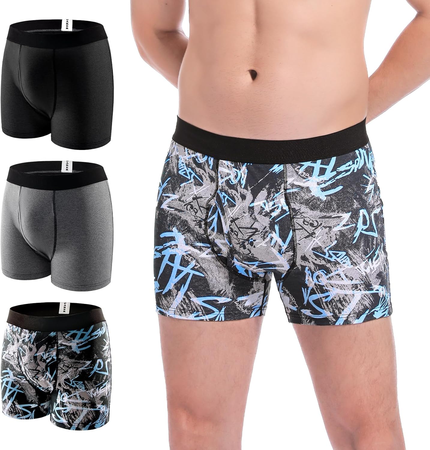 CARER Incontinence Underwear for Men Washable Mens Incontinence Boxer Briefs with Front Absorbent for Bladder Leakage 100ML 3 PACK Cotton Reusable (S, Pattern/2 Black)