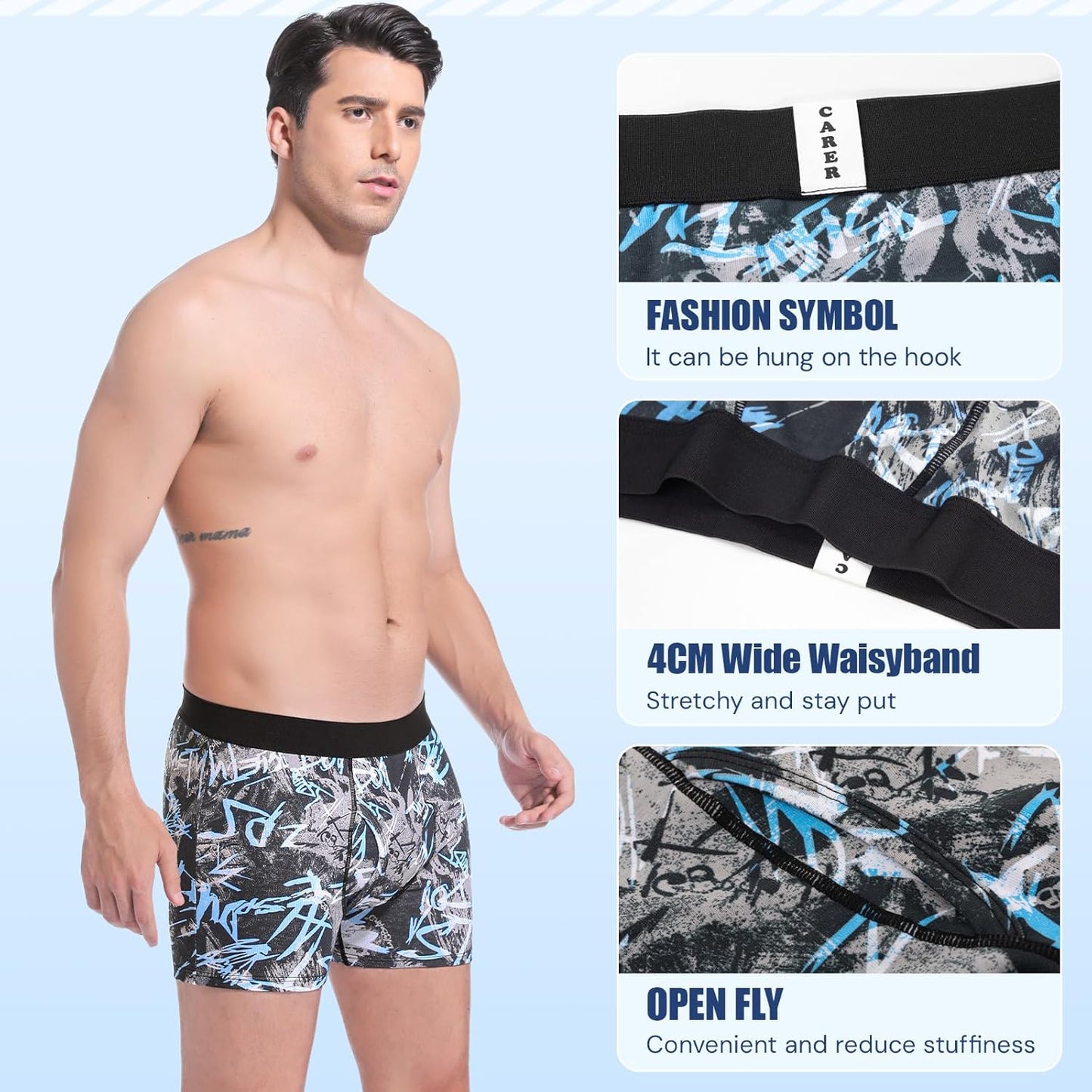 CARER Incontinence Underwear for Men Washable Mens Incontinence Boxer Briefs with Front Absorbent for Bladder Leakage 100ML 3 PACK Cotton Reusable (S, Pattern/2 Black)
