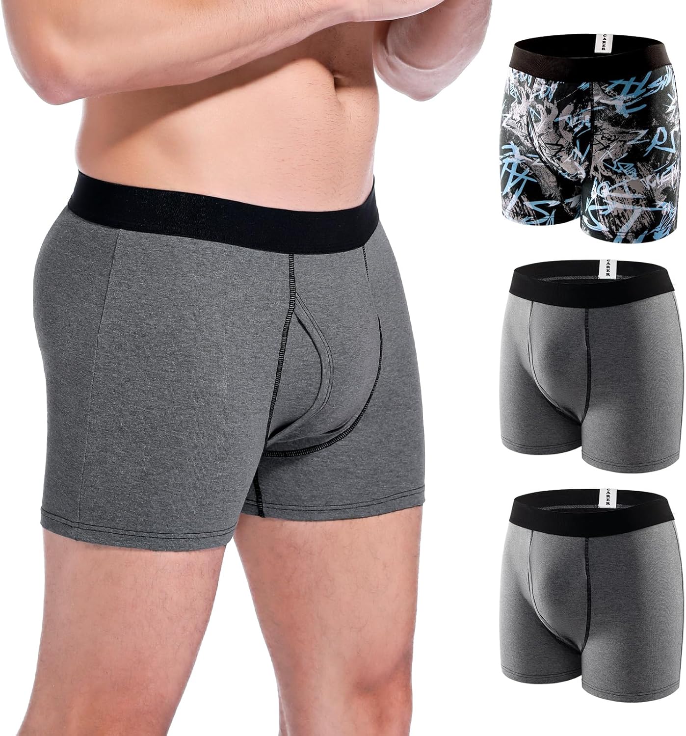CARER Incontinence Underwear for Men Washable Mens Incontinence Boxer Briefs with Front Absorbent for Bladder Leakage 100ML 3 PACK Cotton Reusable (S, Pattern/2 Black)