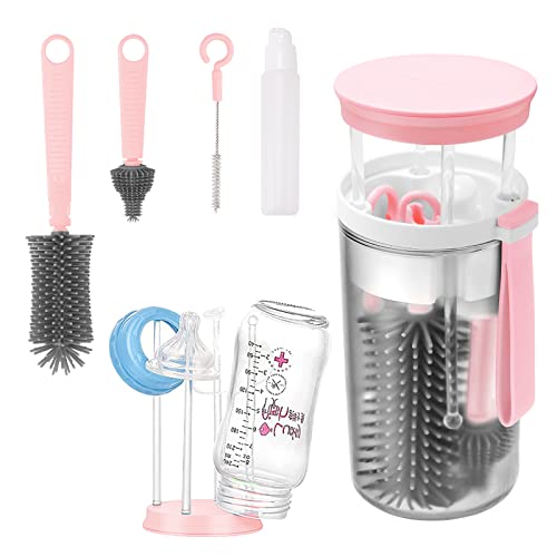 Portable Baby Bottle Brush Set 6 in 1 Silicone Bottle Cleaner and Drying Set for Travel