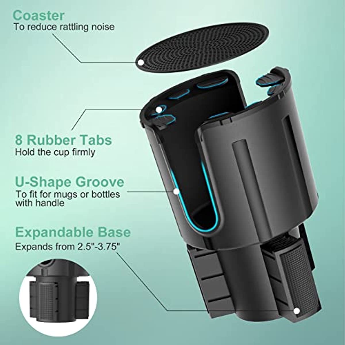 Car Cup Holder Expander with Offset Adjustable Base, Compatible for Bottles in 3.4"-4.4"