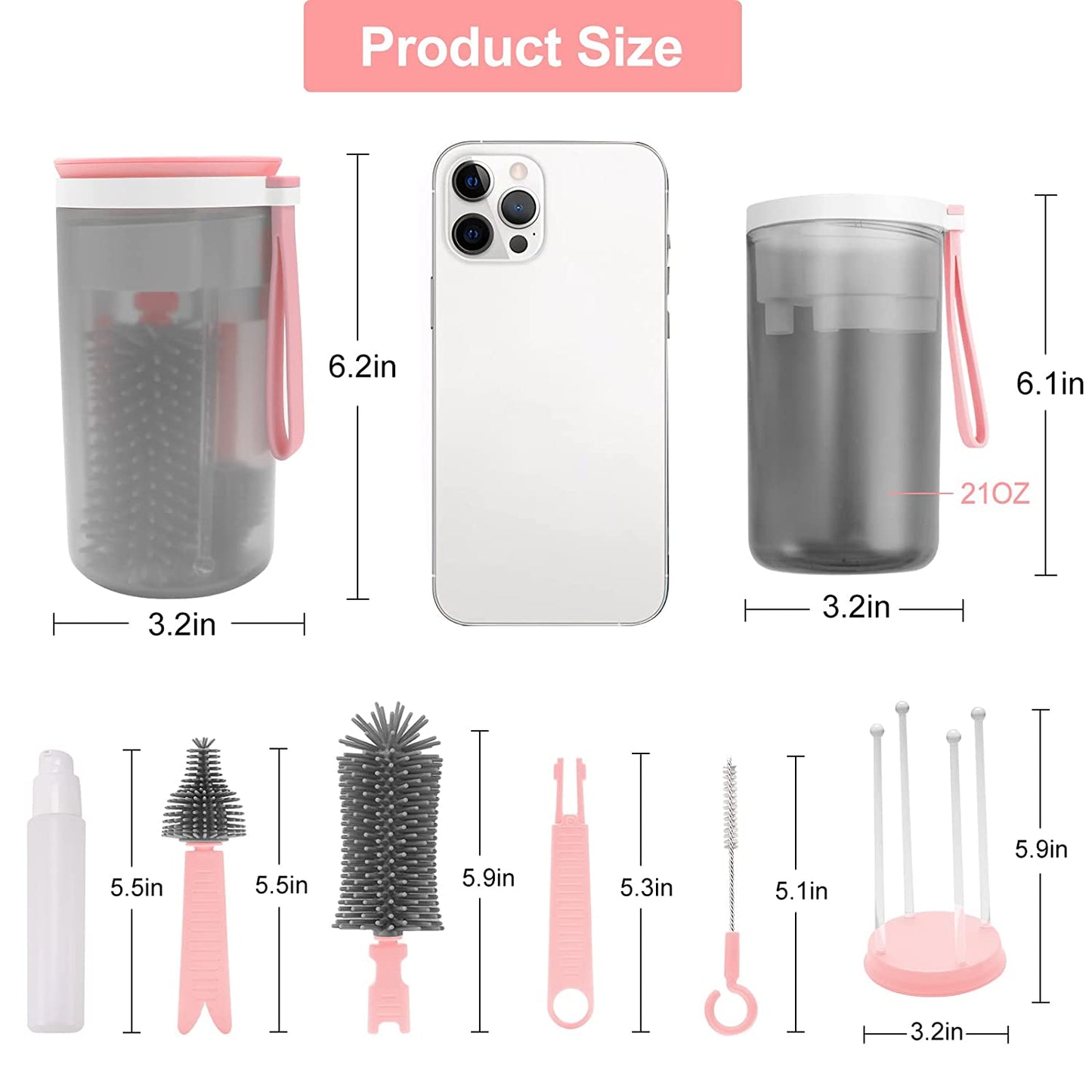Portable Baby Bottle Brush Set 6 in 1 Silicone Bottle Cleaner and Drying Set for Travel