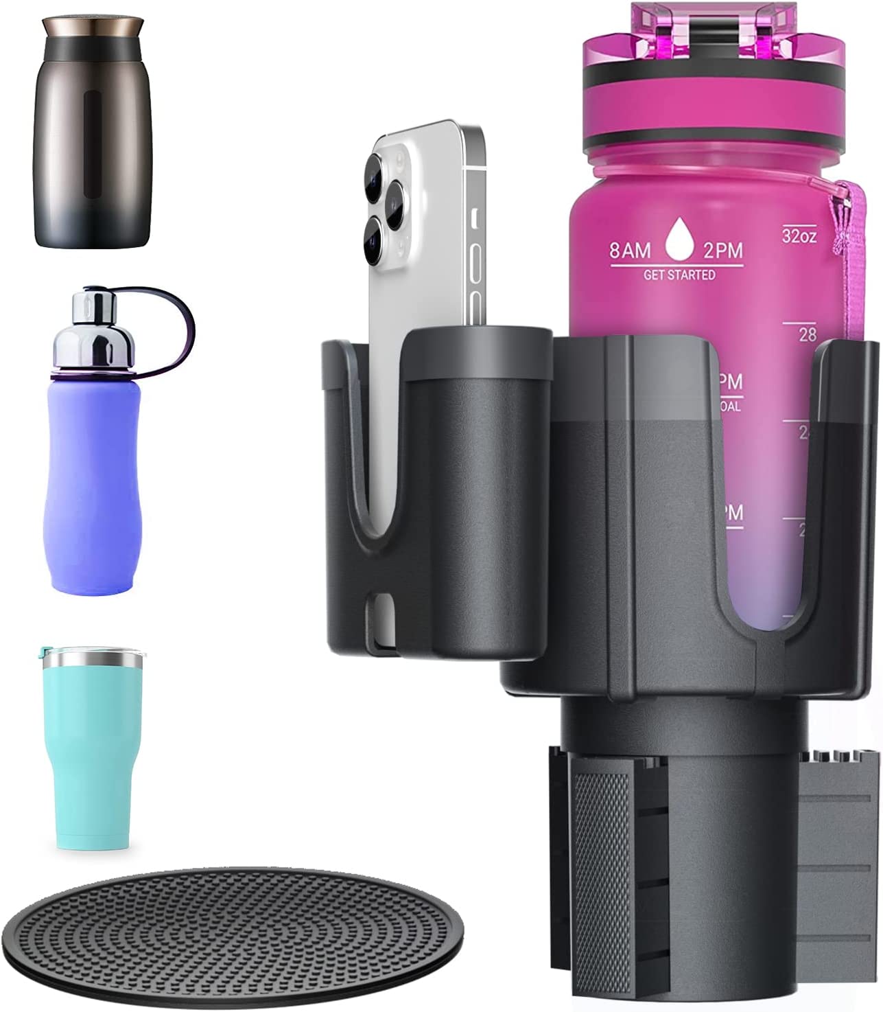 Car Cup Holder Expander with Phone Holder, Adjustable Base Compatible Fits for Bottles in 3.4"-4.4"