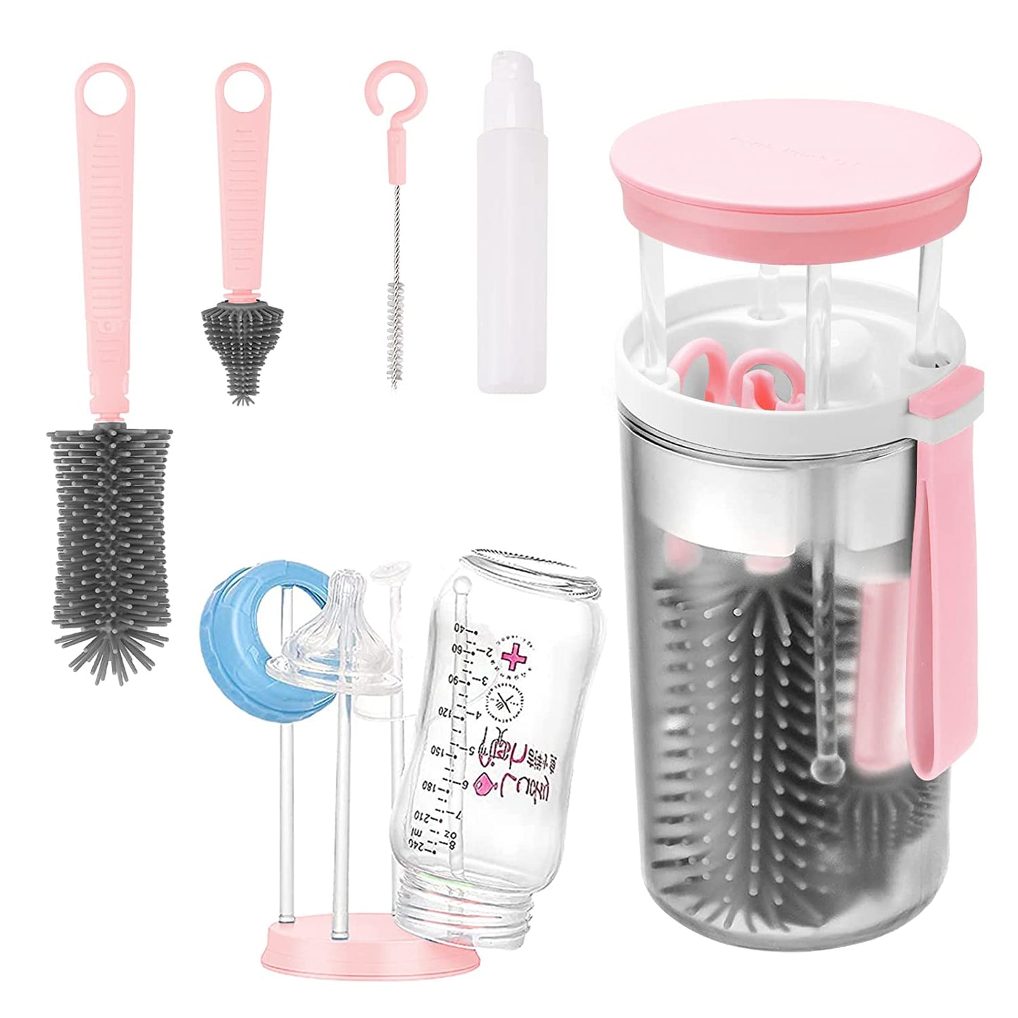 Portable Baby Bottle Brush Set 6 in 1 Silicone Bottle Cleaner and Drying Set for Travel
