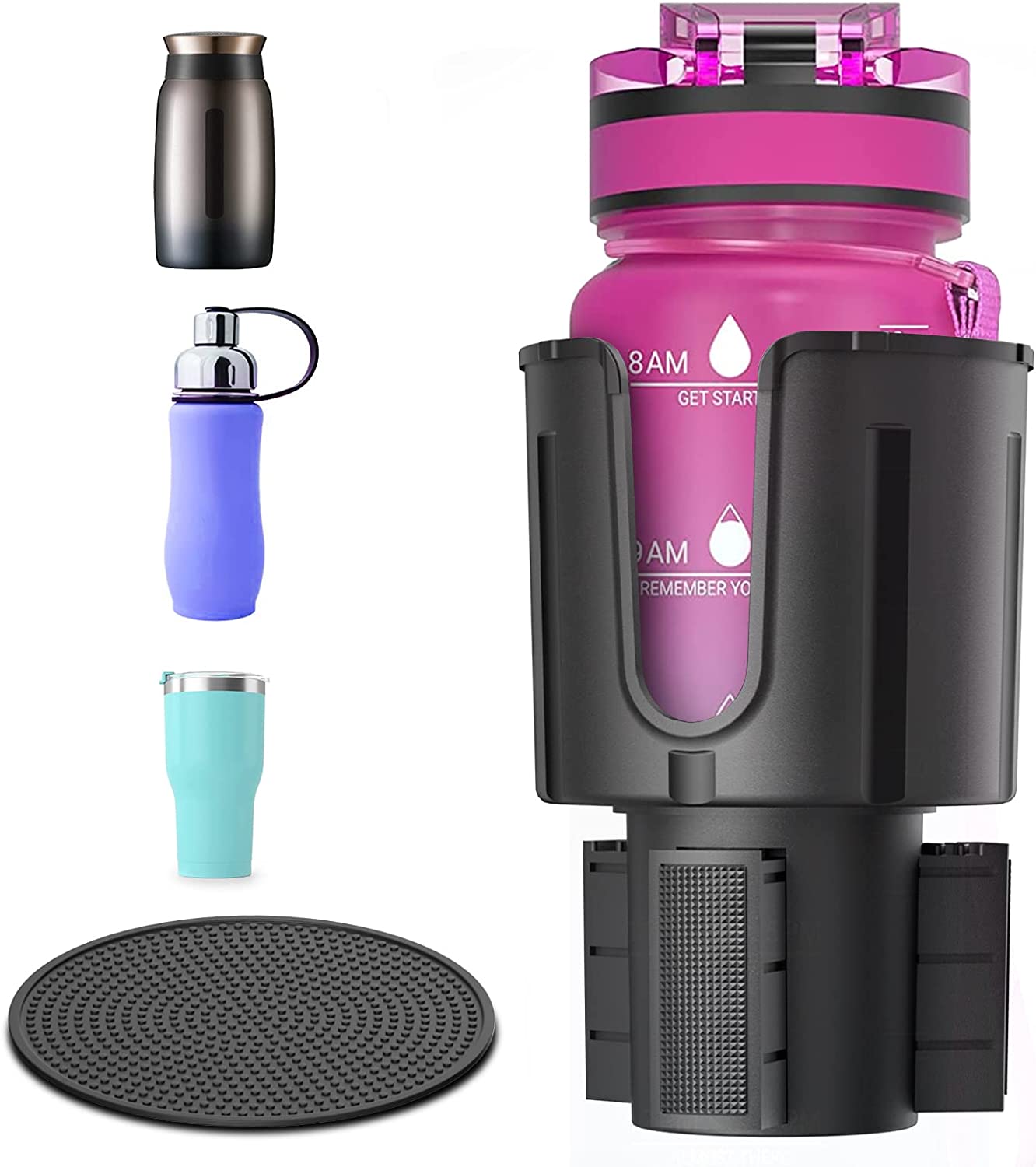Car Cup Holder Expander with Offset Adjustable Base, Compatible for Bottles in 3.4"-4.4"
