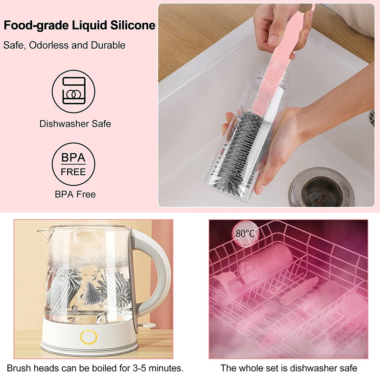 Portable Baby Bottle Brush Set 6 in 1 Silicone Bottle Cleaner and Drying Set for Travel