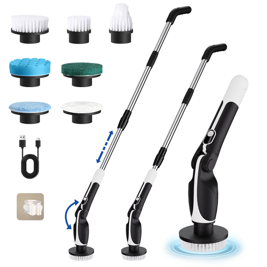 Paucax Electric Spin Scrubber Upgrade Cordless Electric Cleaning Brush with 7 Adjustable Cleaning Brush Heads for Bathtub, Kitchen, Bathroom, Tile, Floor with Extension Arm