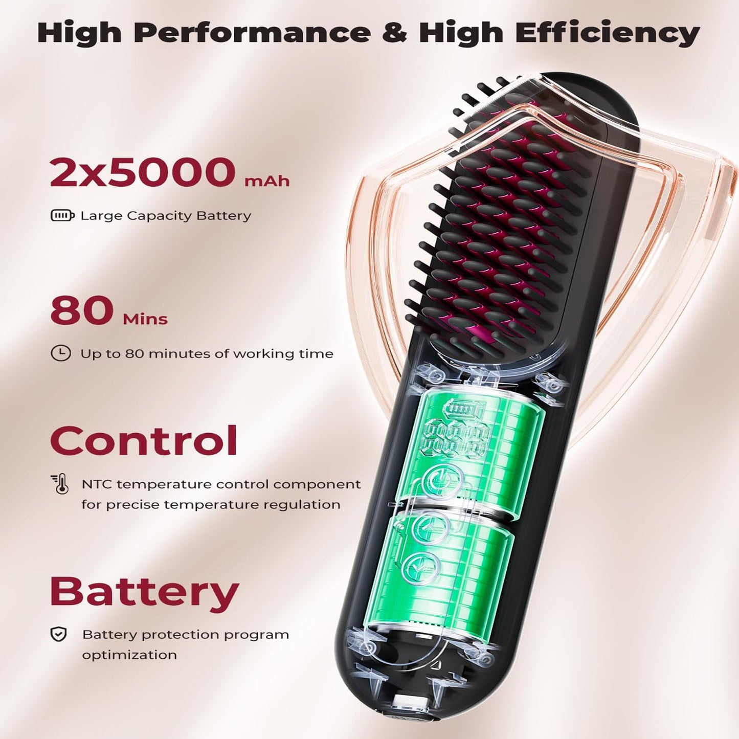 Paucax Cordless Hair Straightener Brush Portable Mini Hair Straightener Brush for Travel with Million Negative Ions, 80mins Working Time, 9 Temperature Adjustment 150℃-230℃