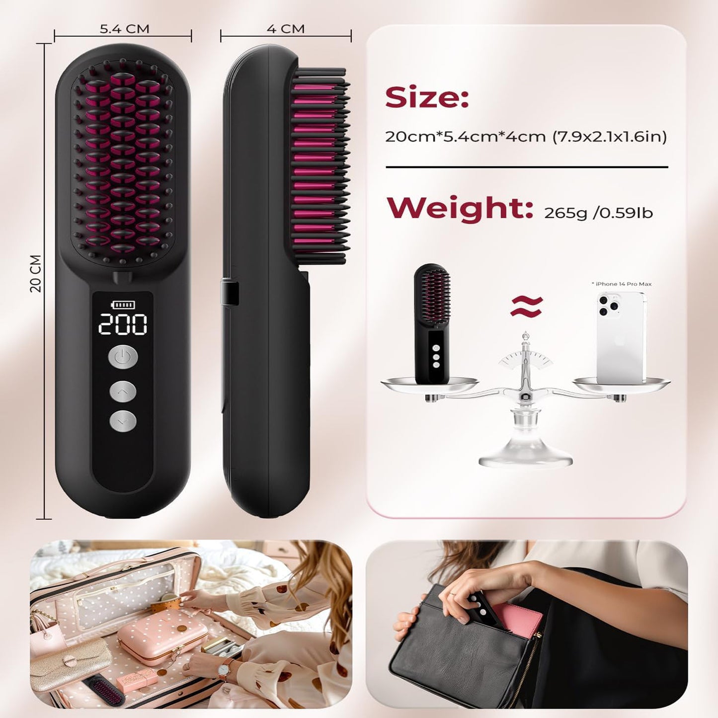 Paucax Cordless Hair Straightener Brush Portable Mini Hair Straightener Brush for Travel with Million Negative Ions, 80mins Working Time, 9 Temperature Adjustment 150℃-230℃