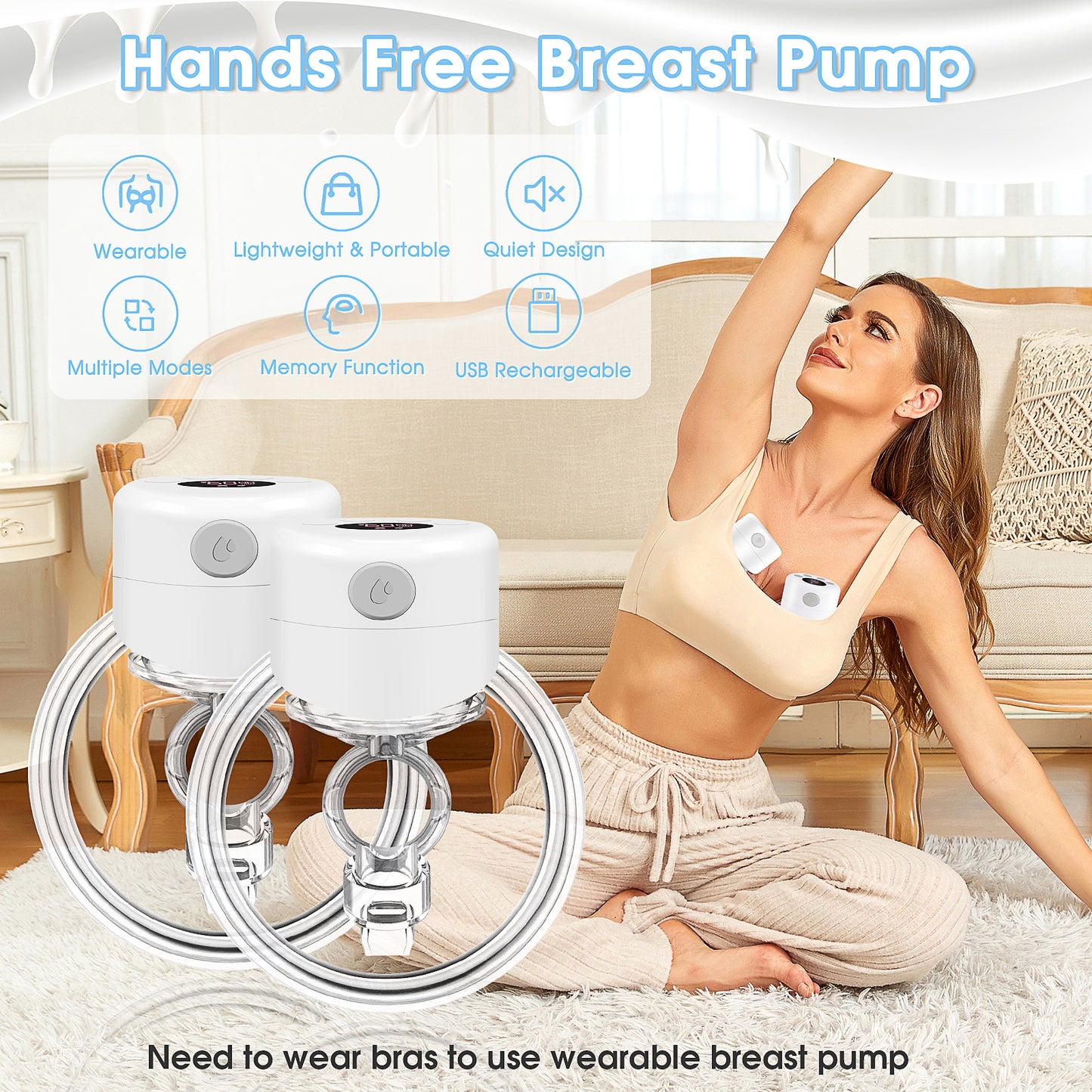 Wearable Breast Pump Hands Free Portable Electric Breastpump Pain Free Rechargeable Milk Pump, with LCD Screen Massage and Memory Mode