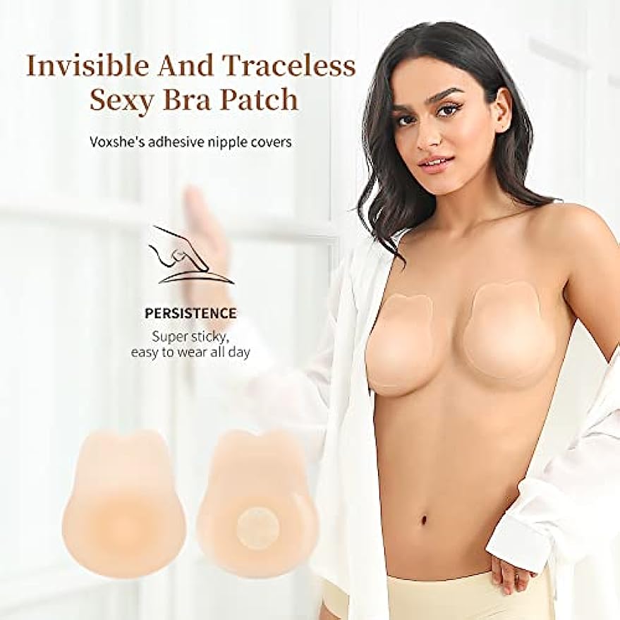 Voxshe Added Lift Sticky Petals Nipple Covers Adhesive Strapless Backless Bras Ultra-thin Silicone Breast Lift Pasties for Women Nude