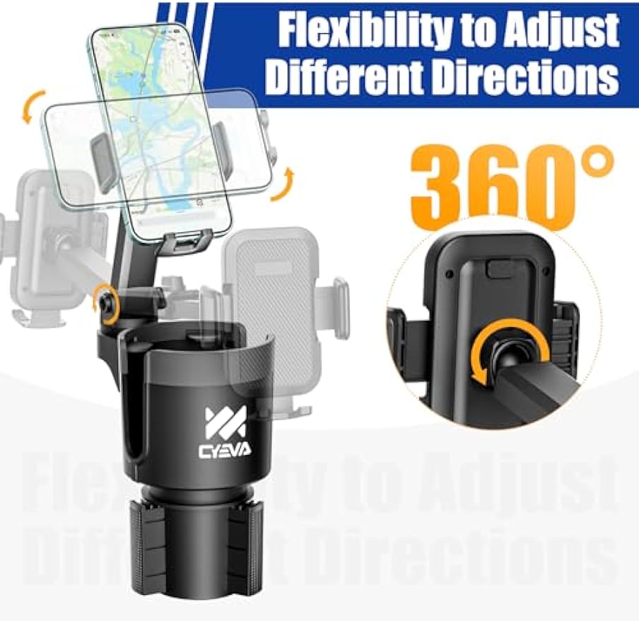 CYEVA 2-in-1 Car Cup Holder Phone Mount with 360° Rotatable Long Arm, Suitable for All Smartphones