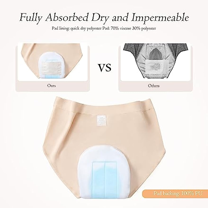 Incontinence Underwear for Women Washable Postpartum Menstrual Panties with Absorbent Area