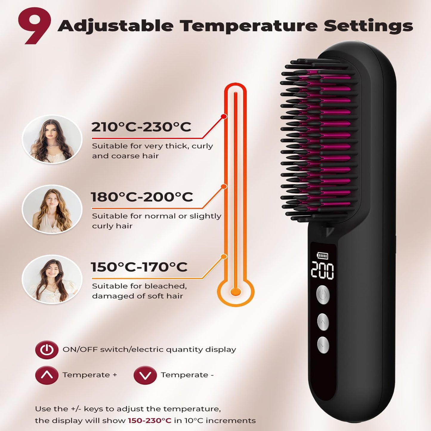Paucax Cordless Hair Straightener Brush Portable Mini Hair Straightener Brush for Travel with Million Negative Ions, 80mins Working Time, 9 Temperature Adjustment 150℃-230℃