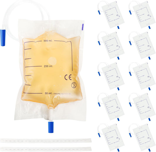 10-Pack Urine Drainage Bags 500 ML with Soft Adjustable Straps, Anti-Reflux Valve, and Easy-Drain Switch Urinary Leg Bags Suitable for Home and Hospitals Health Aids