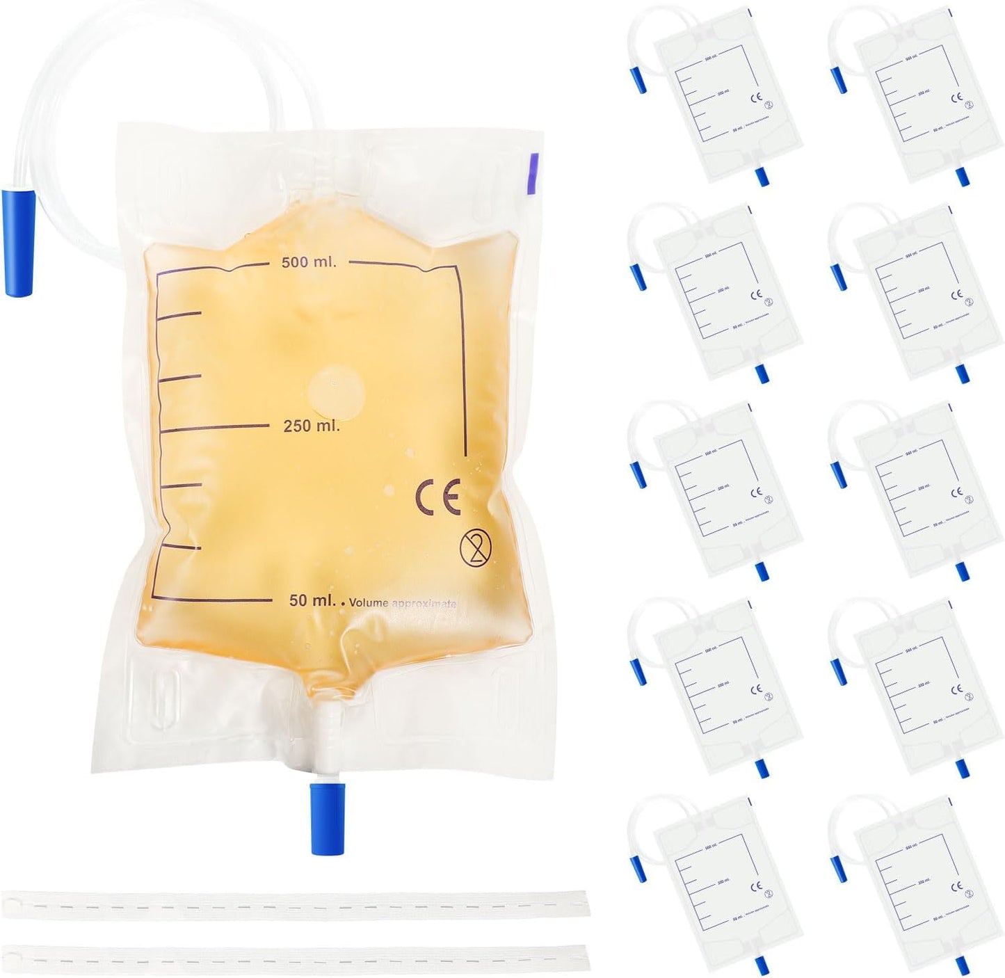 10-Pack Urine Drainage Bags 500 ML with Soft Adjustable Straps, Anti-Reflux Valve, and Easy-Drain Switch Urinary Leg Bags Suitable for Home and Hospitals Health Aids