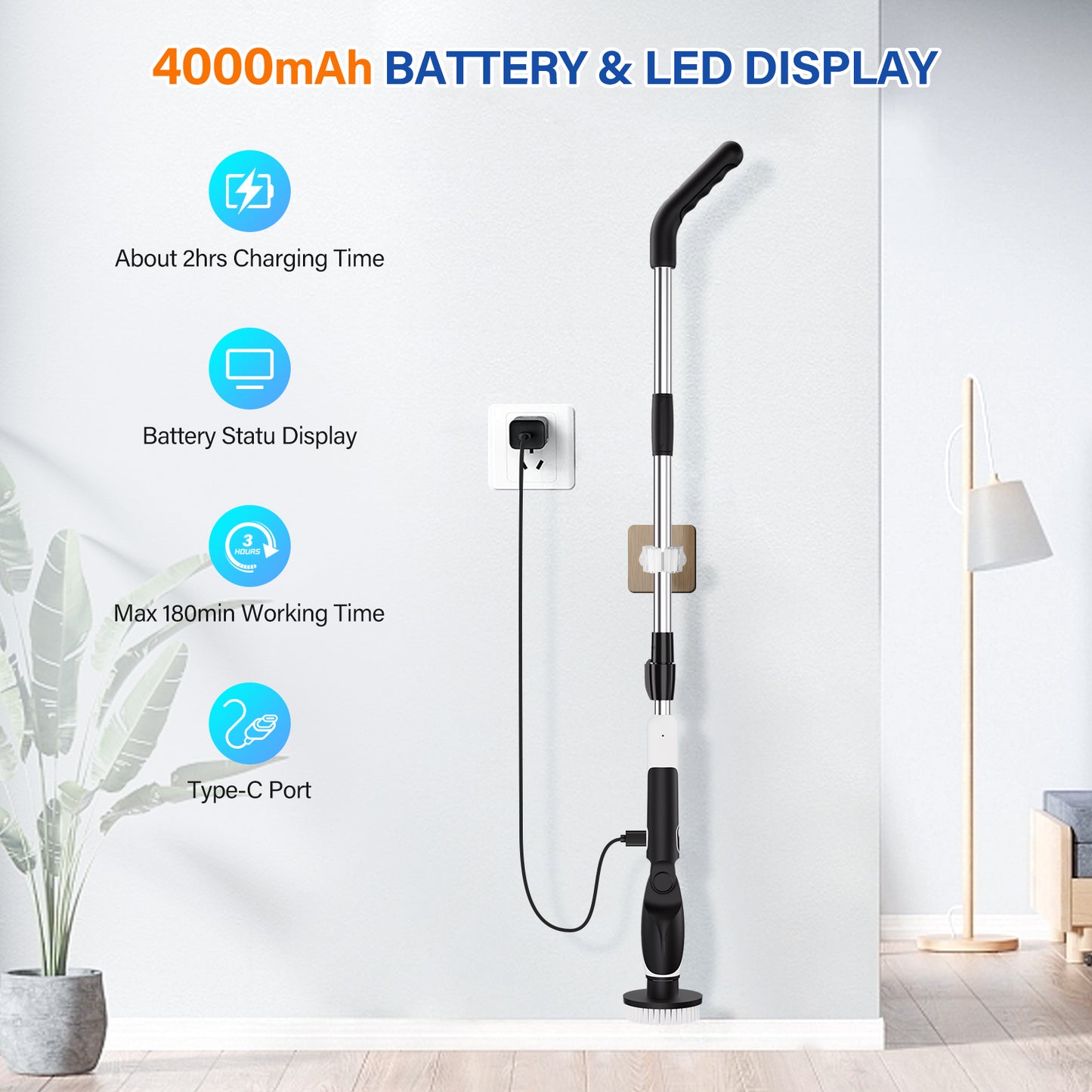 Paucax Electric Spin Scrubber Upgrade Cordless Electric Cleaning Brush with 7 Adjustable Cleaning Brush Heads for Bathtub, Kitchen, Bathroom, Tile, Floor with Extension Arm