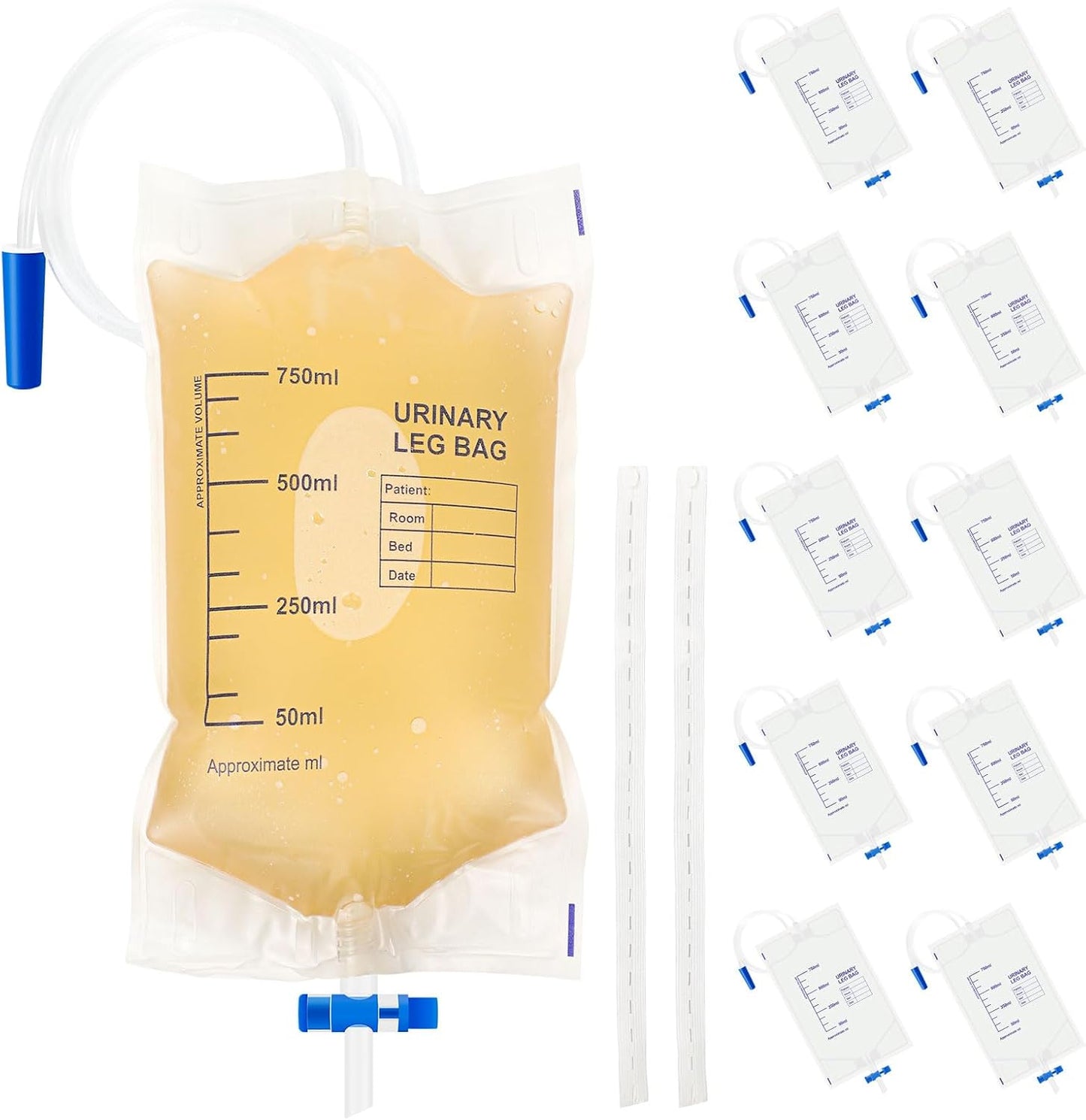 10-Pack Urine Drainage Bags 500 ML with Soft Adjustable Straps, Anti-Reflux Valve, and Easy-Drain Switch Urinary Leg Bags Suitable for Home and Hospitals Health Aids