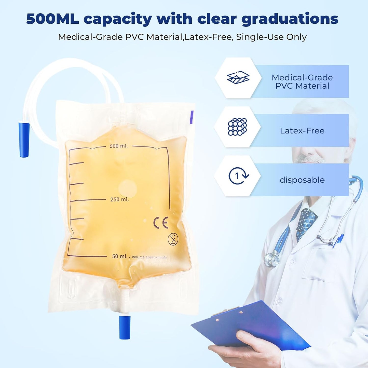 10-Pack Urine Drainage Bags 500 ML with Soft Adjustable Straps, Anti-Reflux Valve, and Easy-Drain Switch Urinary Leg Bags Suitable for Home and Hospitals Health Aids