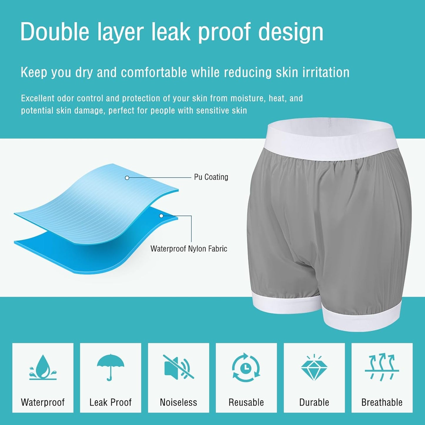 Carer Adult Diaper Covers 2PCS Washable, Leakproof Incontinence Underwear for Men Women Enclosed Elastic, Widened Waistband Design Protection for Long-Term Care & Daily Use（White,Gray,2X-Large）