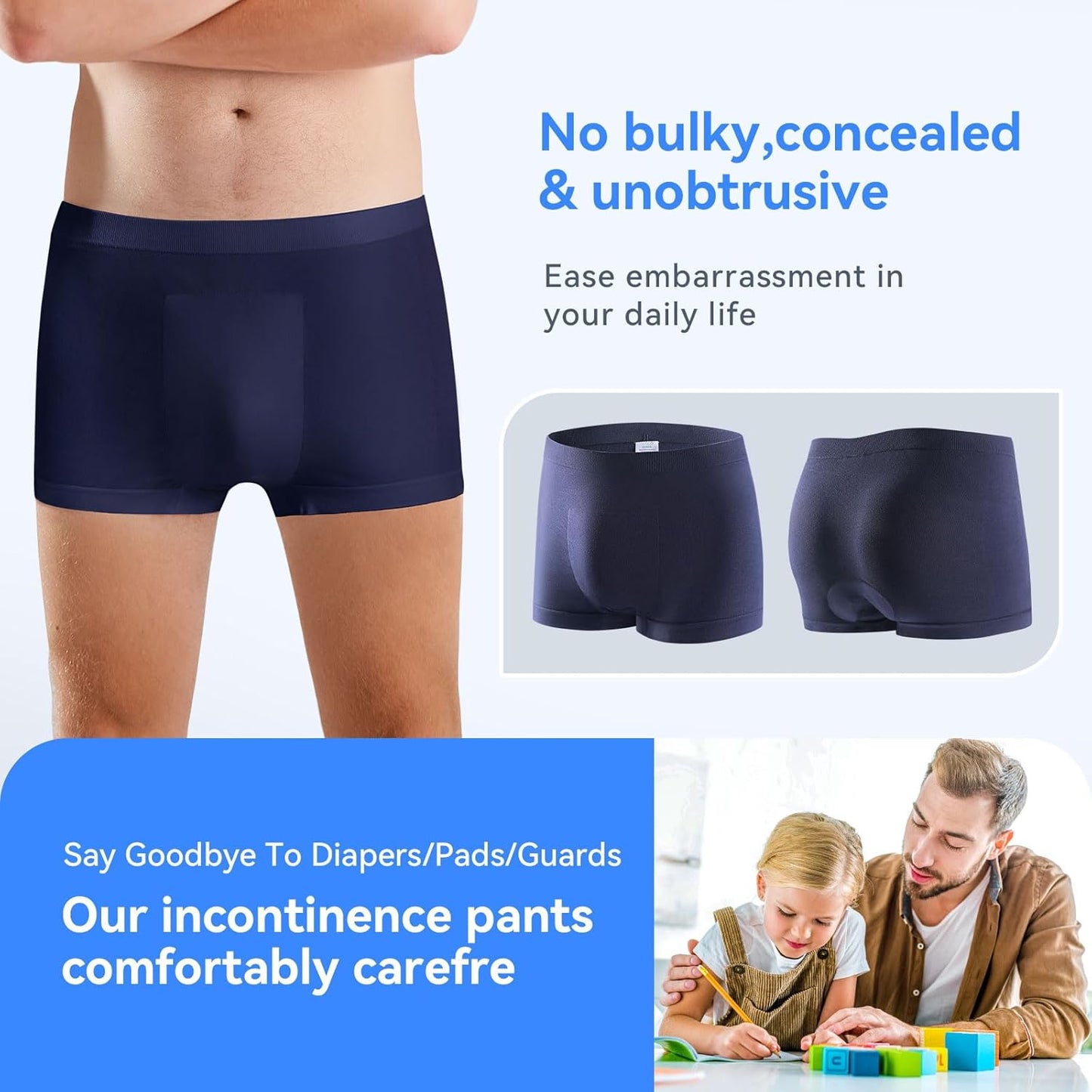 Carer Mens Incontinence Underwear Washable Incontinence Underwear for Men Reusable Modal Seamless Mens Urinary Incontinence Boxer Briefs Underwear with Front Absorbent Area, 2 PCS (Blue, Medium)