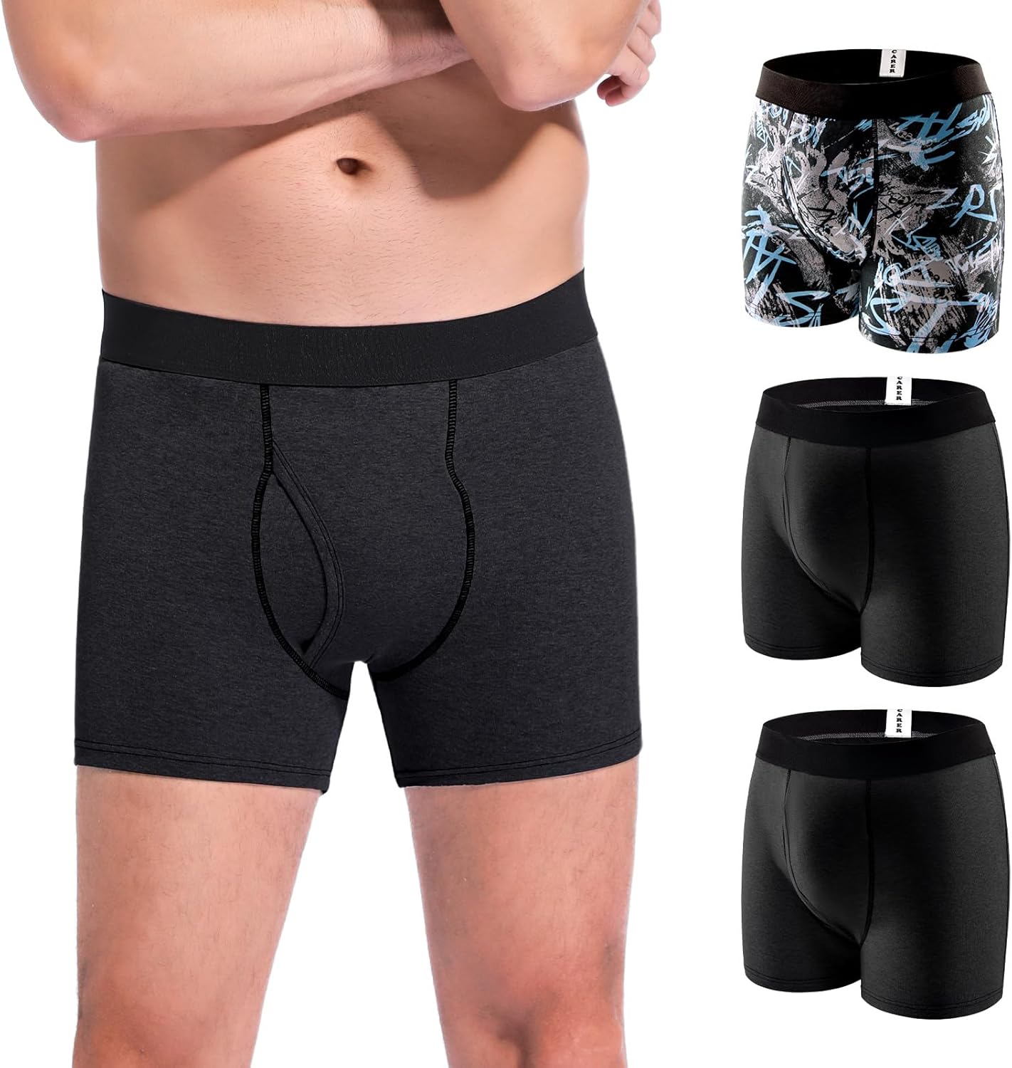 CARER Incontinence Underwear for Men Washable Mens Incontinence Boxer Briefs with Front Absorbent for Bladder Leakage 100ML 3 PACK Cotton Reusable (S, Pattern/2 Black)