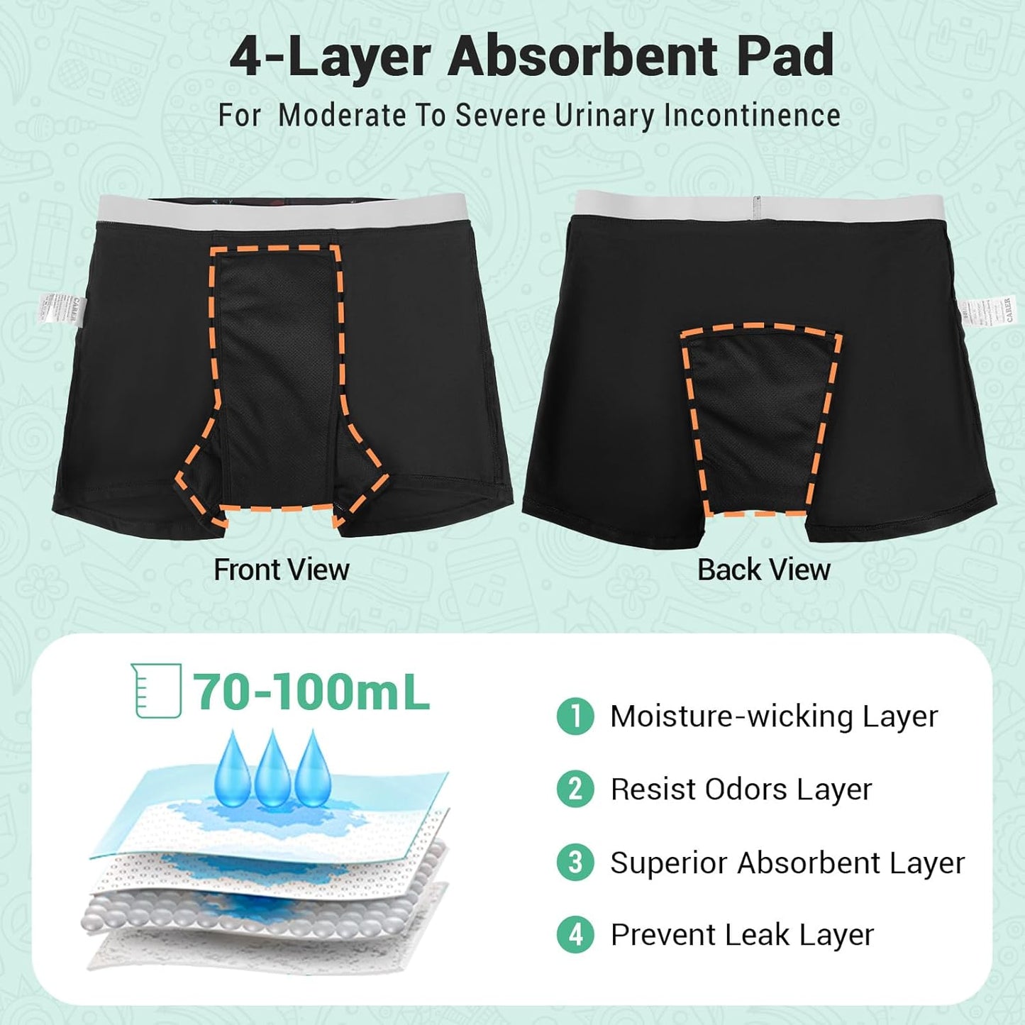 Carer Boys Incontinence Underwear Washable Kids Cotton Incontinence Boxer Briefs with Front Absorbency 100ml Reusable Leak Proof Underwear for Youth Boy Age 4-18 3pk