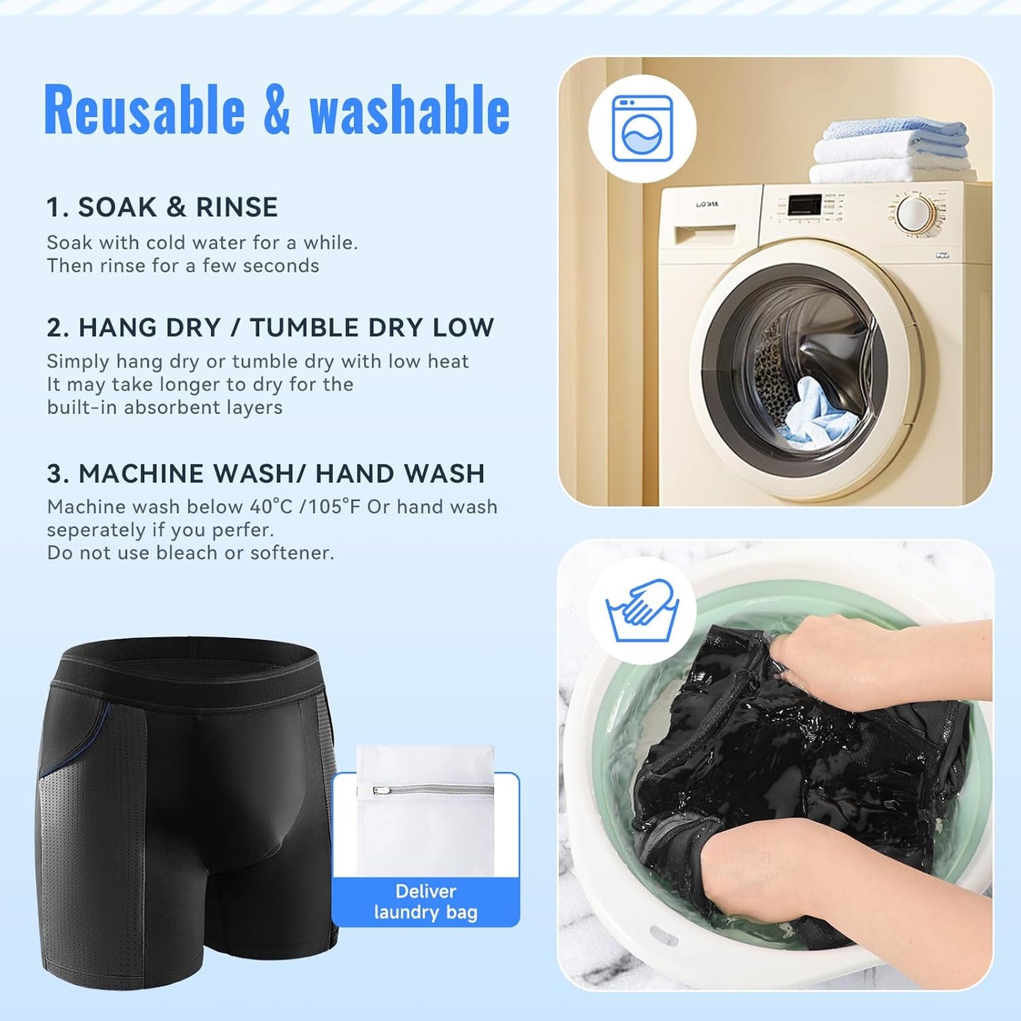 Carer Mens Incontinence Underwear for Bladder Leak Protection 80ML Incontinence Underwear for Men Washable Breathable Leak Proof Underwear for Men Urinary Incontinence Boxer Shorts (Black/Blue, XL)