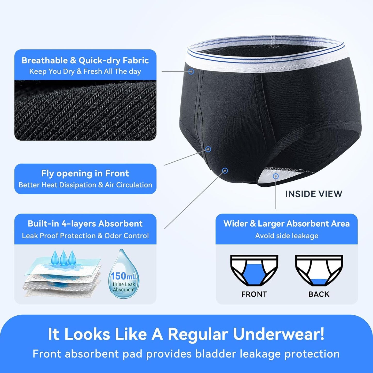 FORVEVO Mens Incontinence Underwear Washable 3 Pack Cotton Reusable Incontinence Boxers Briefs for Men Built in Cotton Pad for Bladder Leakage 150ML, 2X-Large