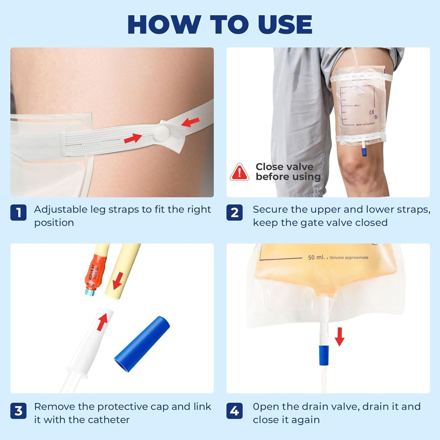 10-Pack Urine Drainage Bags 500 ML with Soft Adjustable Straps, Anti-Reflux Valve, and Easy-Drain Switch Urinary Leg Bags Suitable for Home and Hospitals Health Aids