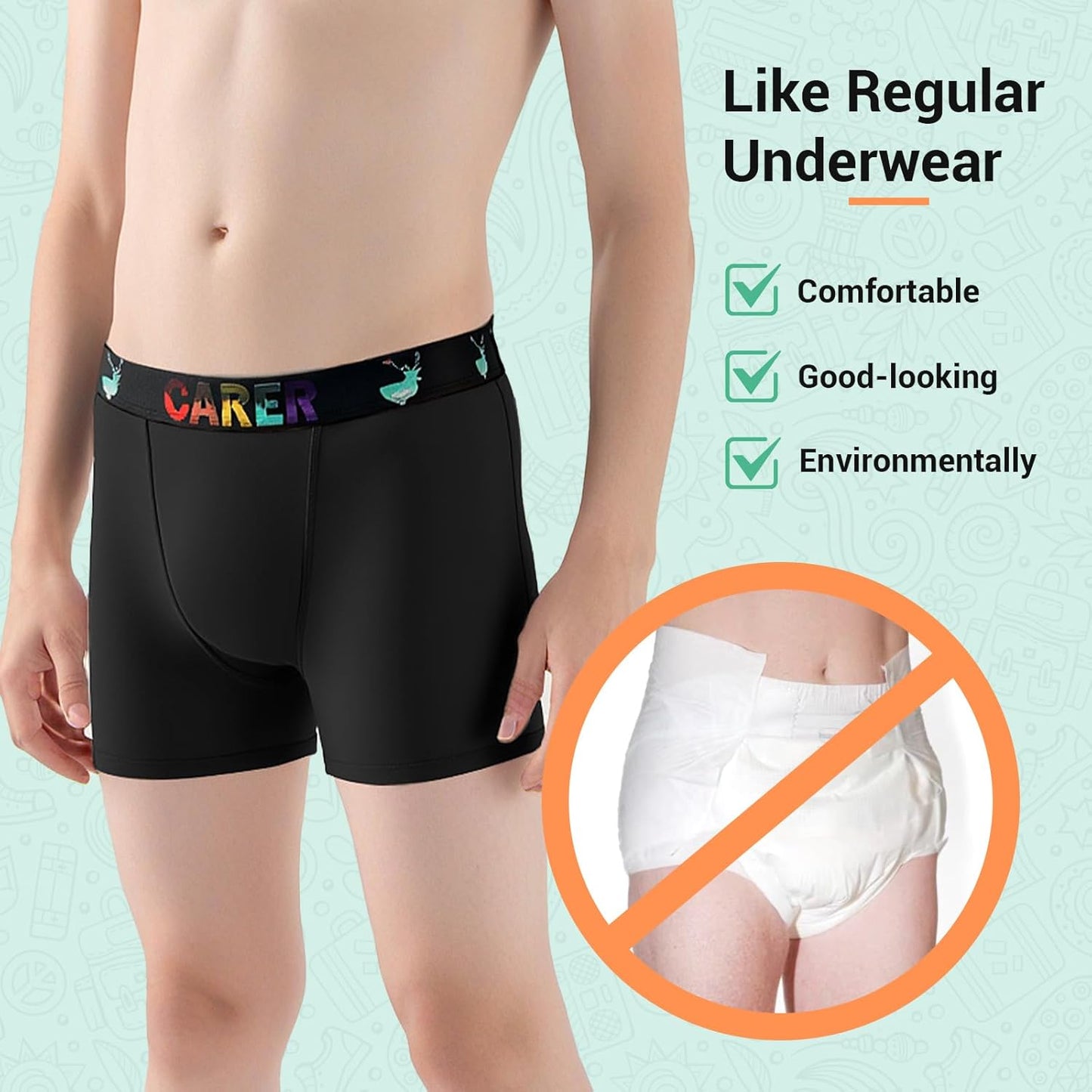 Carer Boys Incontinence Underwear Washable Kids Cotton Incontinence Boxer Briefs with Front Absorbency 100ml Reusable Leak Proof Underwear for Youth Boy Age 4-18 3pk