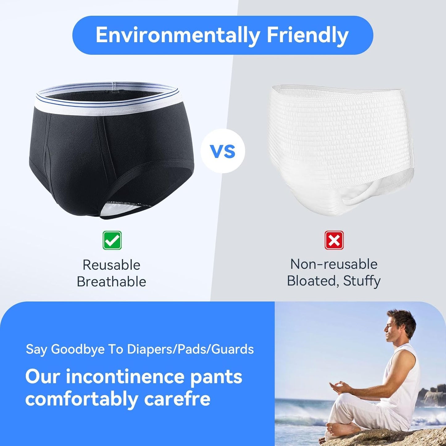 FORVEVO Mens Incontinence Underwear Washable 3 Pack Cotton Reusable Incontinence Boxers Briefs for Men Built in Cotton Pad for Bladder Leakage 150ML, 2X-Large