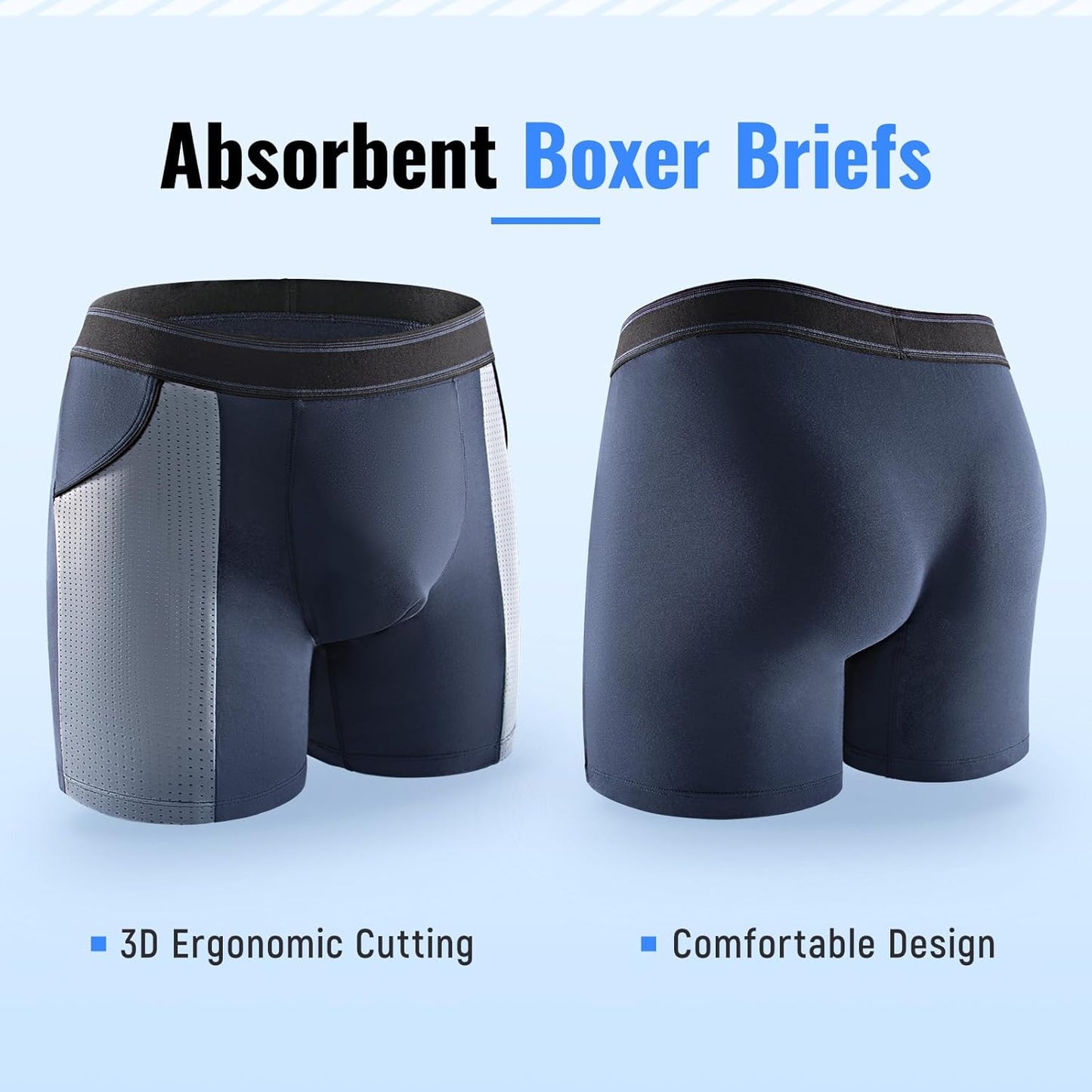 Carer Mens Incontinence Underwear for Bladder Leak Protection 80ML Incontinence Underwear for Men Washable Breathable Leak Proof Underwear for Men Urinary Incontinence Boxer Shorts (Black/Blue, XL)