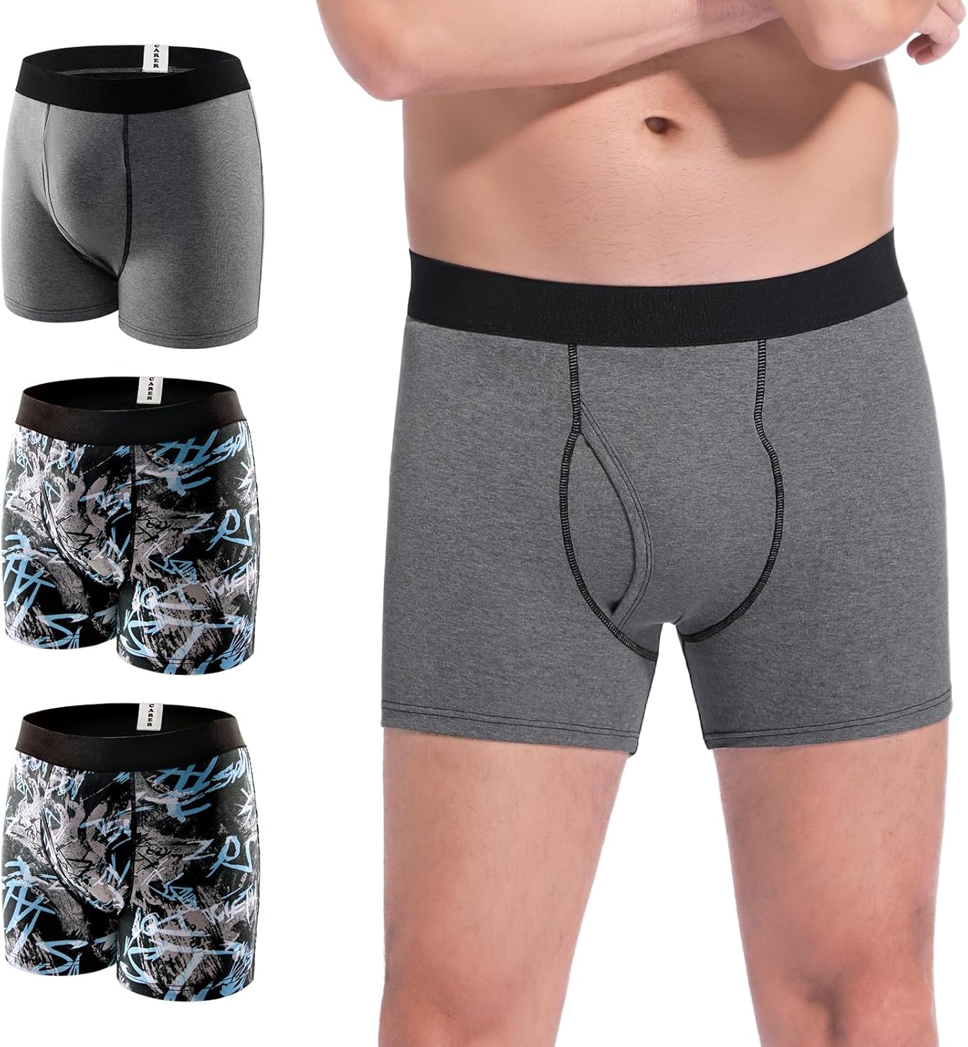 CARER Incontinence Underwear for Men Washable Mens Incontinence Boxer Briefs with Front Absorbent for Bladder Leakage 100ML 3 PACK Cotton Reusable (S, Pattern/2 Black)