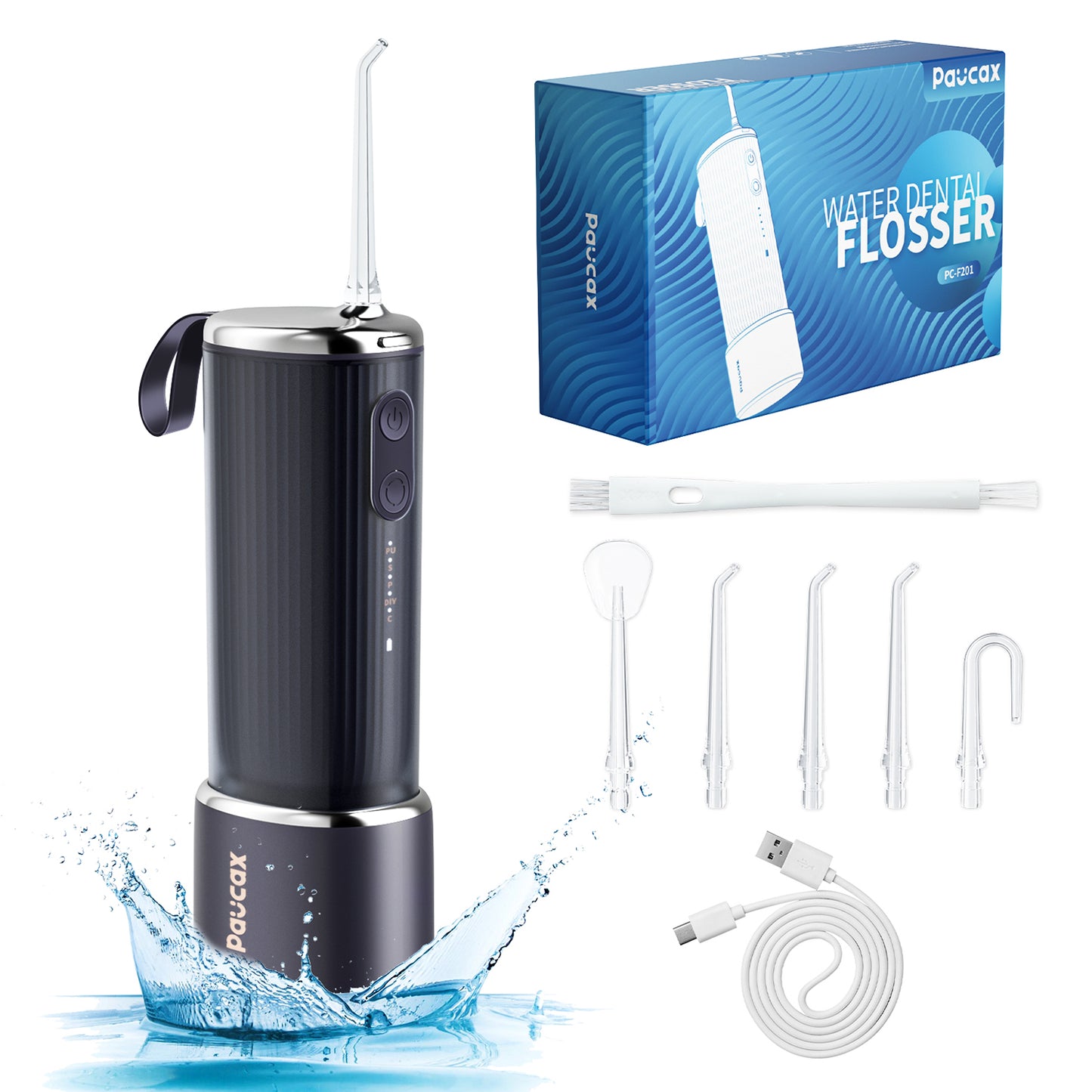 Paucax Cordless Water Flosser - Portable Dental Flosser for Teeth, 4 Modes & 5 Jet Tips, Self-Cleaning, Rechargeable, IPX7 Waterproof - Oral Irrigator Ideal for Home & Travel