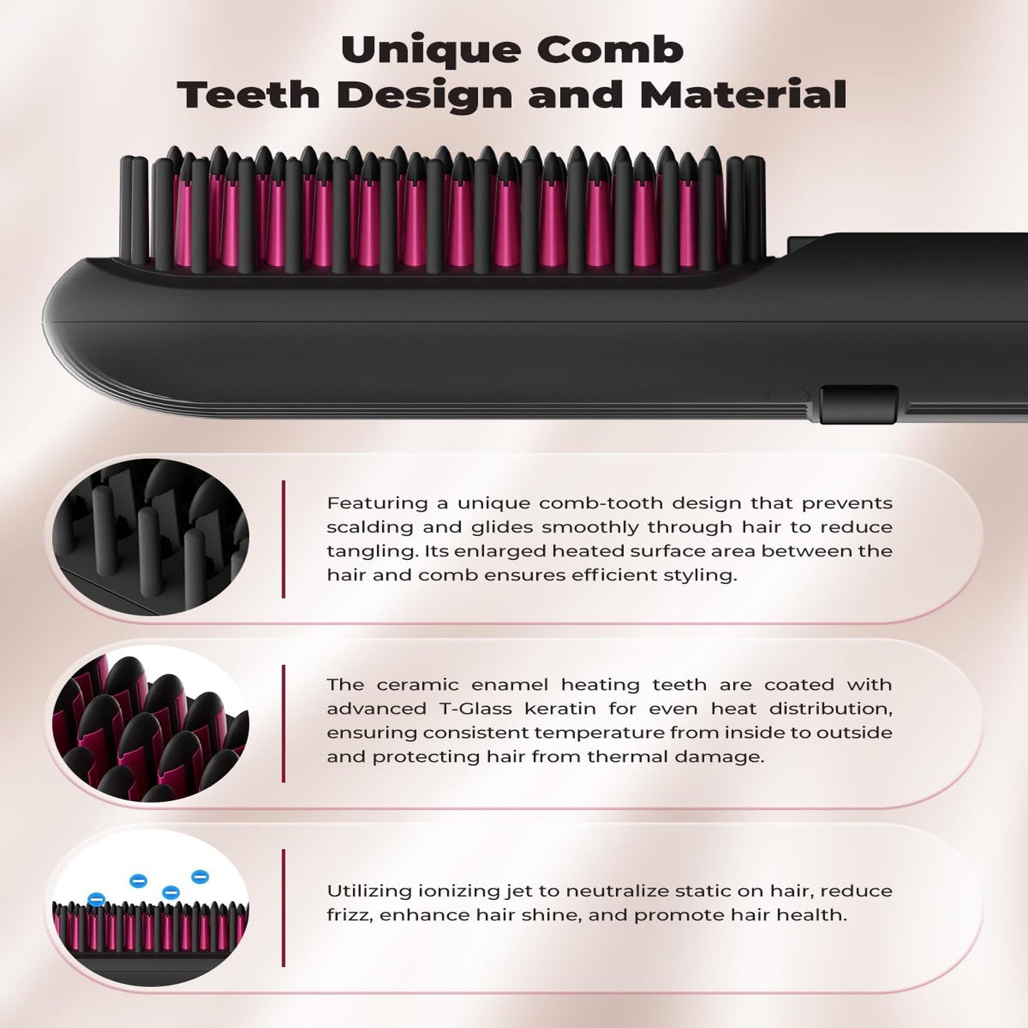 Paucax Cordless Hair Straightener Brush Portable Mini Hair Straightener Brush for Travel with Million Negative Ions, 80mins Working Time, 9 Temperature Adjustment 150℃-230℃