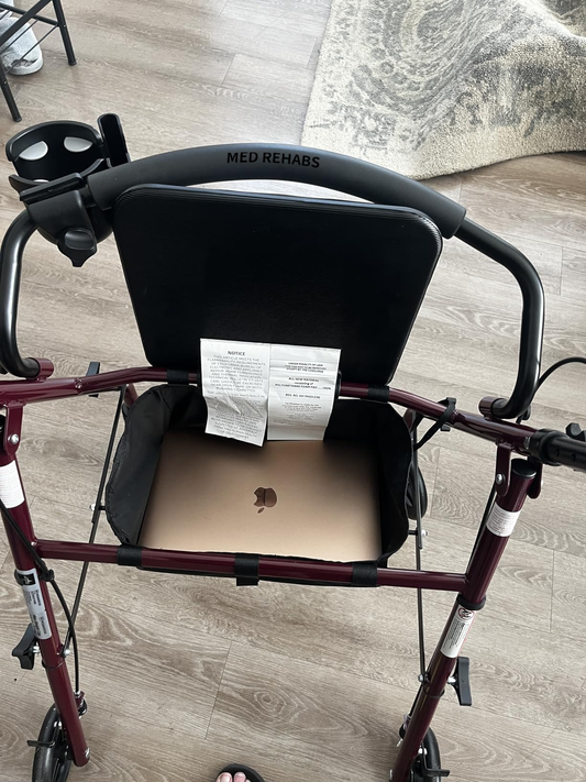 MED REHABS Steel Rollator Walker with Seat, Burgundy, 350 lb. Weight Capacity, 6” Wheels, Foldable, Adjustable Handles, Rolling Walker for Seniors, Walker for Mobility Impaired