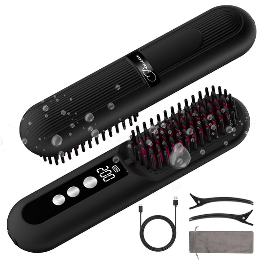 Paucax Cordless Hair Straightener Brush Portable Mini Hair Straightener Brush for Travel with Million Negative Ions, 80mins Working Time, 9 Temperature Adjustment 150℃-230℃