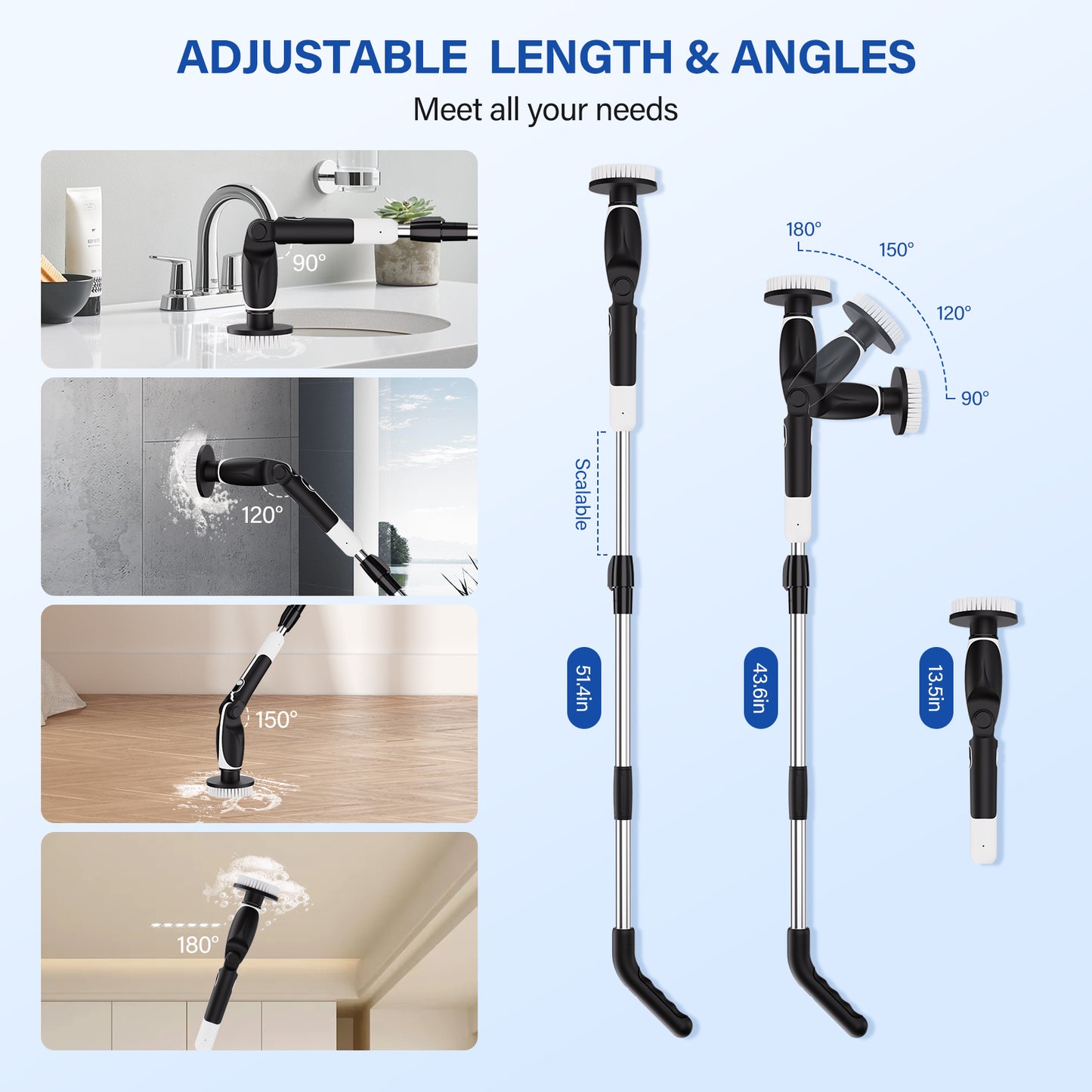Paucax Electric Spin Scrubber Upgrade Cordless Electric Cleaning Brush with 7 Adjustable Cleaning Brush Heads for Bathtub, Kitchen, Bathroom, Tile, Floor with Extension Arm