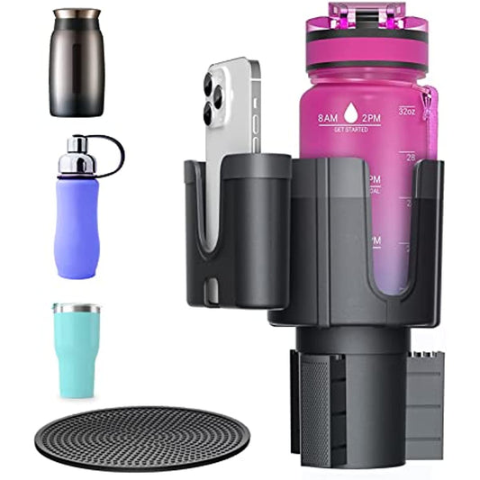Car Cup Holder Expander with Phone Holder, Adjustable Base Compatible Fits for Bottles in 3.4"-4.4"