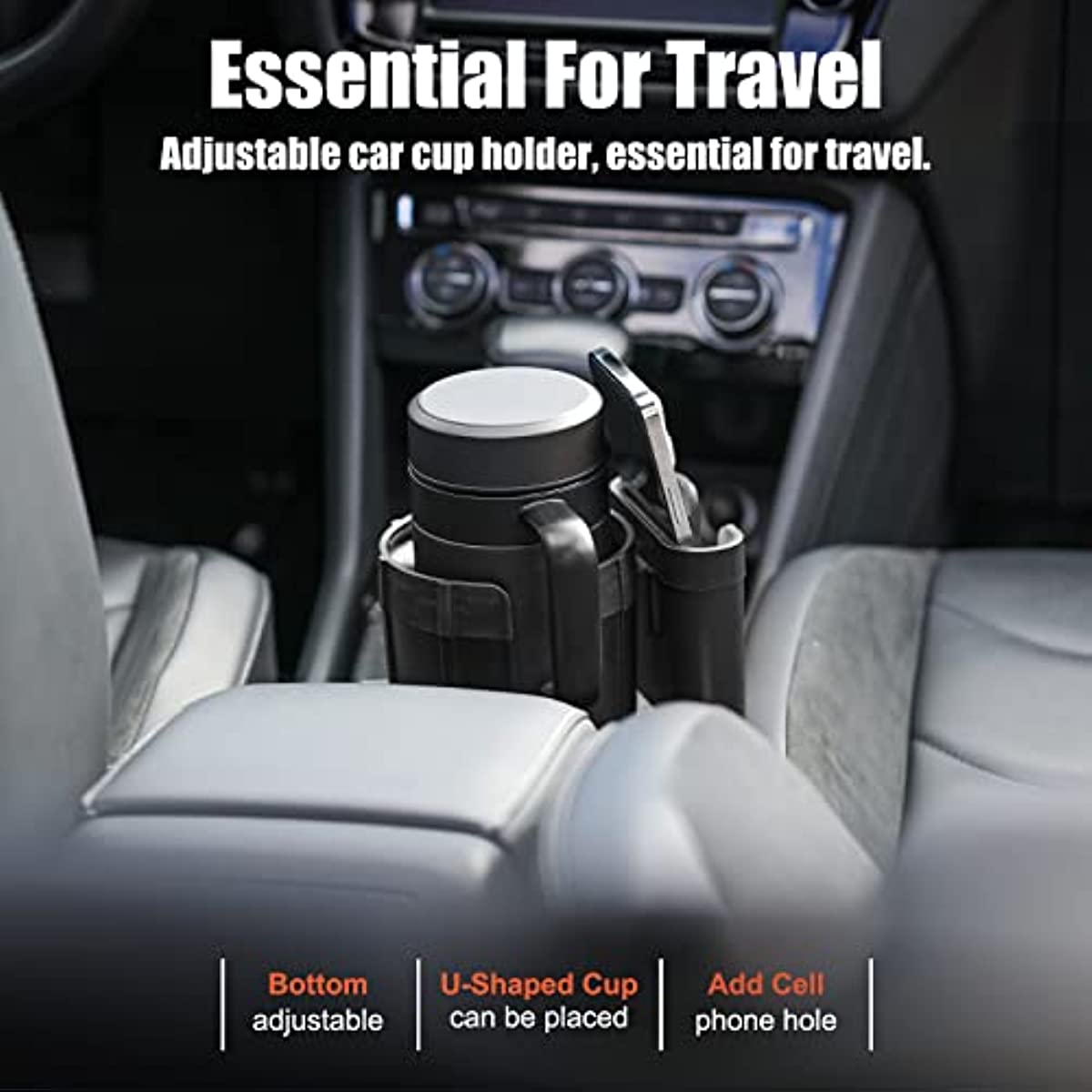 Car Cup Holder Expander with Phone Holder, Adjustable Base Compatible Fits for Bottles in 3.4"-4.4"