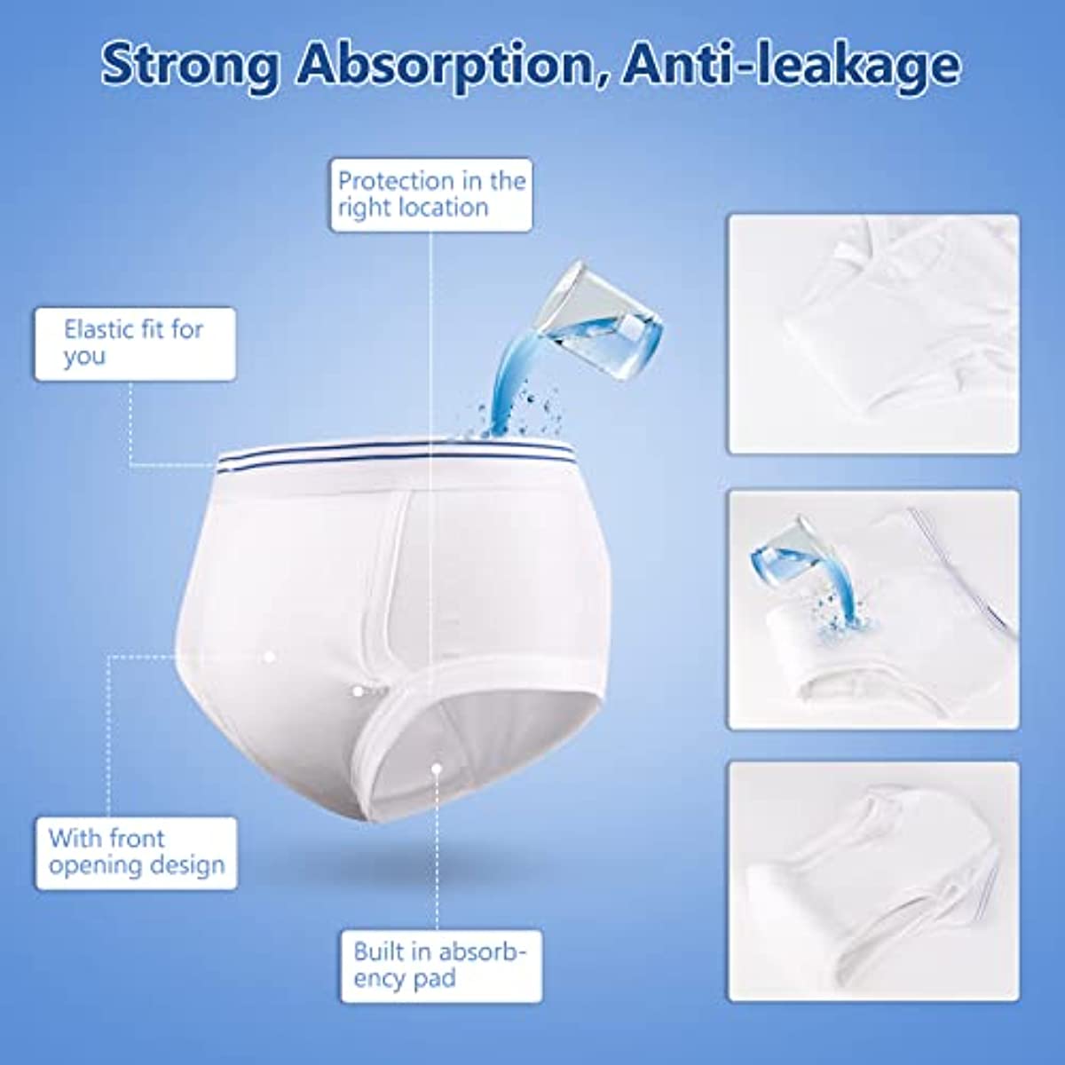 Men's Incontinence Underwear Urinary Briefs with Cotton Pad Washable Reusable Leakproof Boxer 3pcs