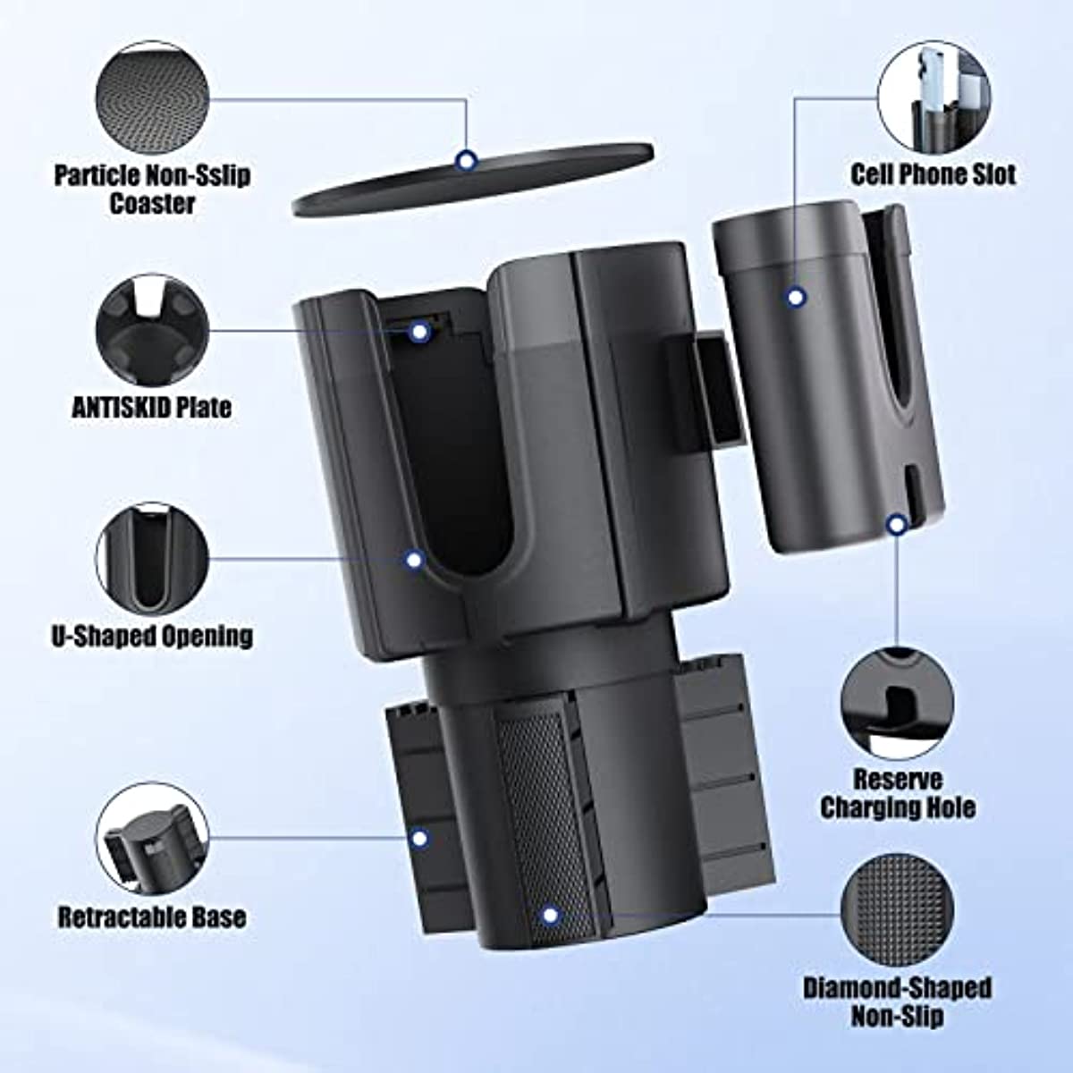 Car Cup Holder Expander with Phone Holder, Adjustable Base Compatible Fits for Bottles in 3.4"-4.4"