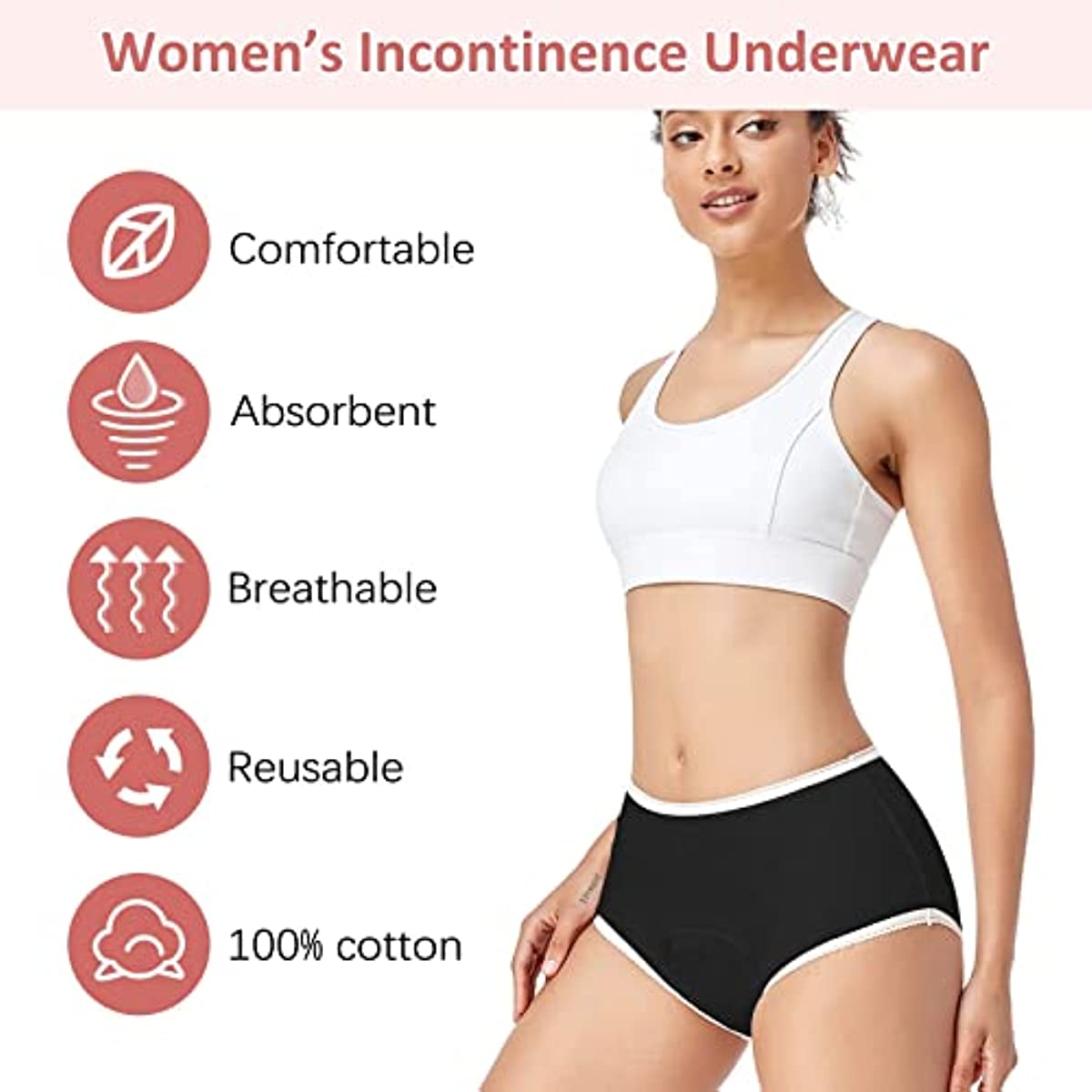 2 Pcs Washable Absorbency Incontinence Aid Cotton Underwear Briefs For Women