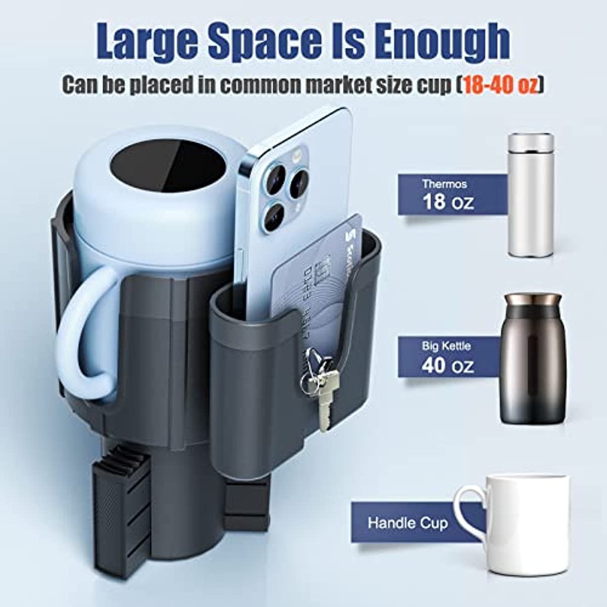 Car Cup Holder Expander with Phone Holder, Adjustable Base Compatible Fits for Bottles in 3.4"-4.4"