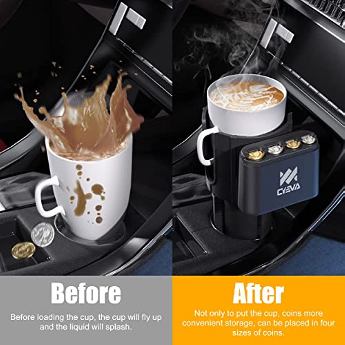 Car Cup Holder Expander with Coin Holder Offset Adjustable Base Fits Most Bottle Diameter in 3.4"-4"