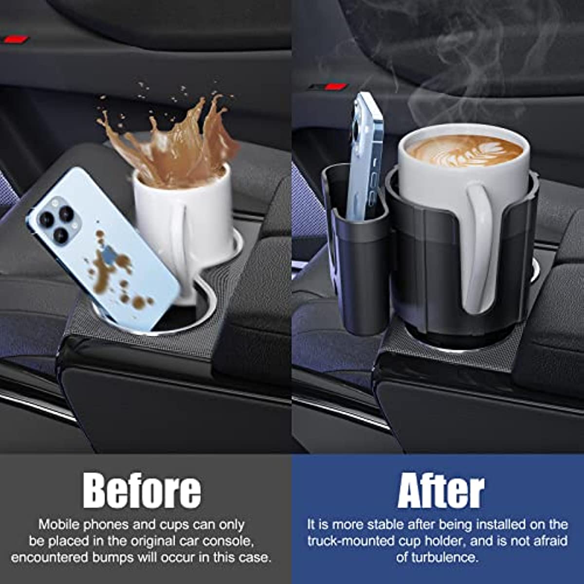 Car Cup Holder Expander with Phone Holder, Adjustable Base Compatible Fits for Bottles in 3.4"-4.4"
