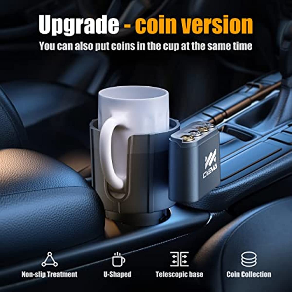 Car Cup Holder Expander with Coin Holder Offset Adjustable Base Fits Most Bottle Diameter in 3.4"-4"