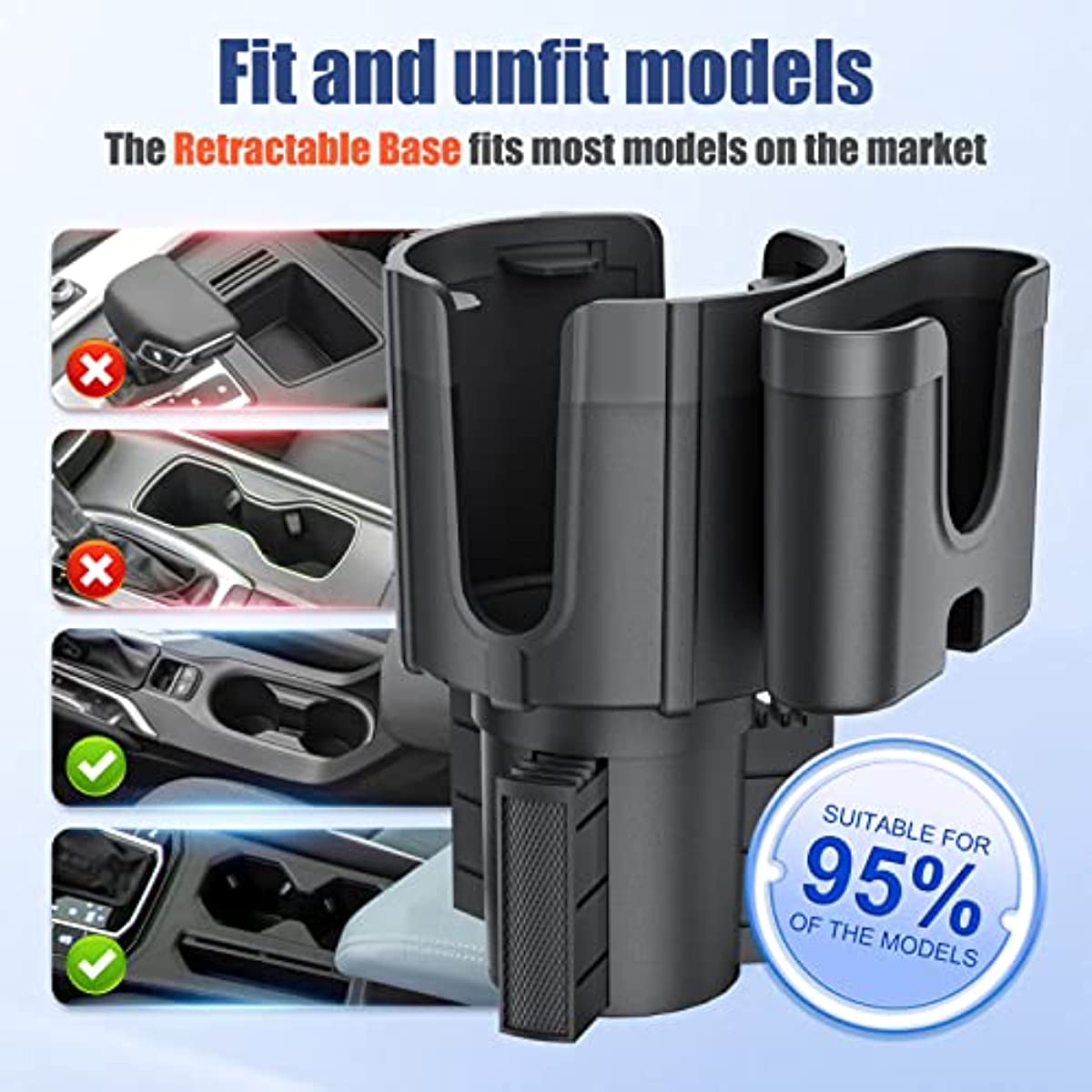 Car Cup Holder Expander with Phone Holder, Adjustable Base Compatible Fits for Bottles in 3.4"-4.4"